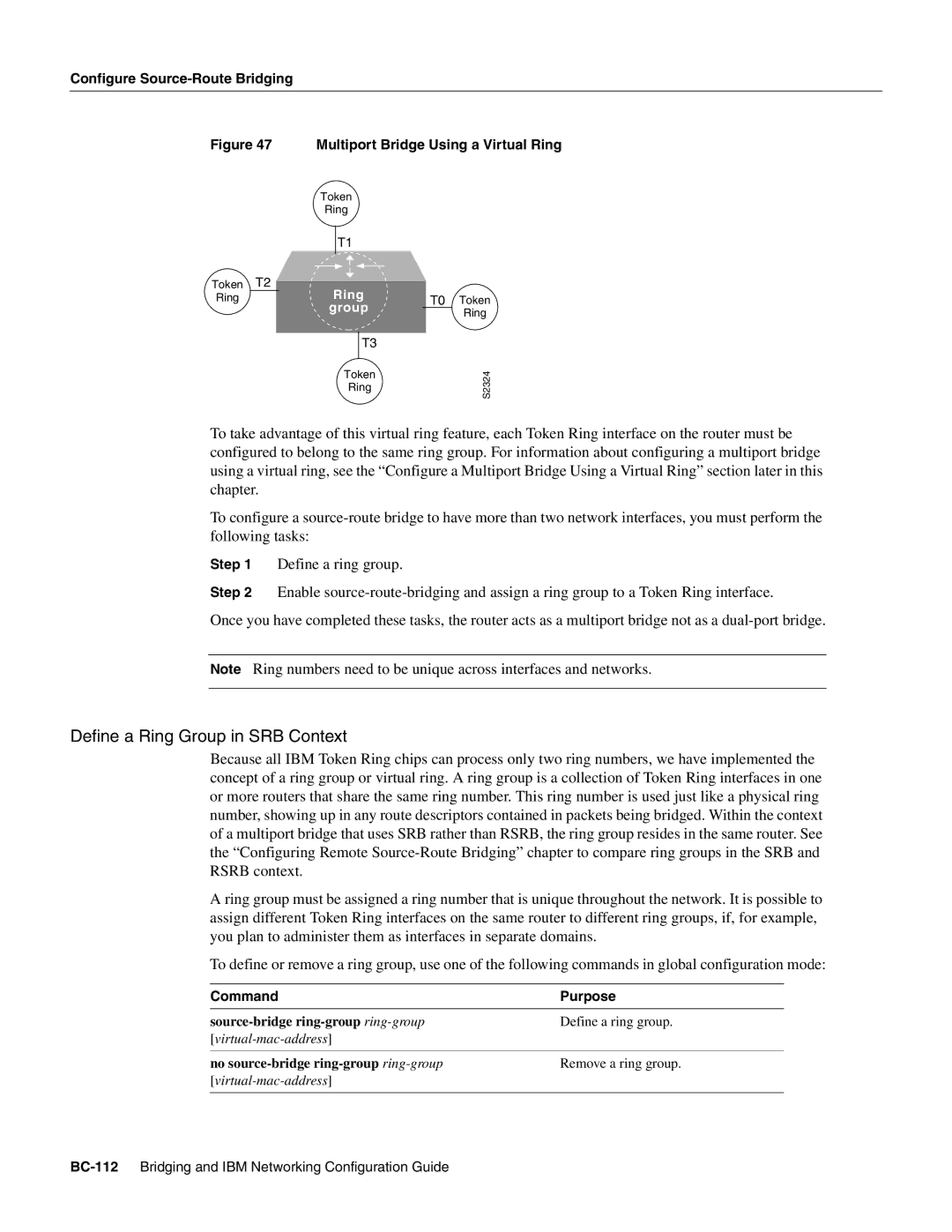 Cisco Systems BC-109 manual Define a Ring Group in SRB Context, Source-bridge ring-group ring-group 