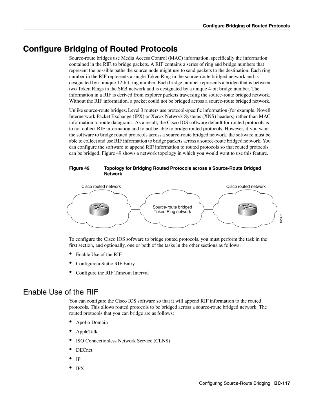 Cisco Systems BC-109 manual Configure Bridging of Routed Protocols, Enable Use of the RIF 