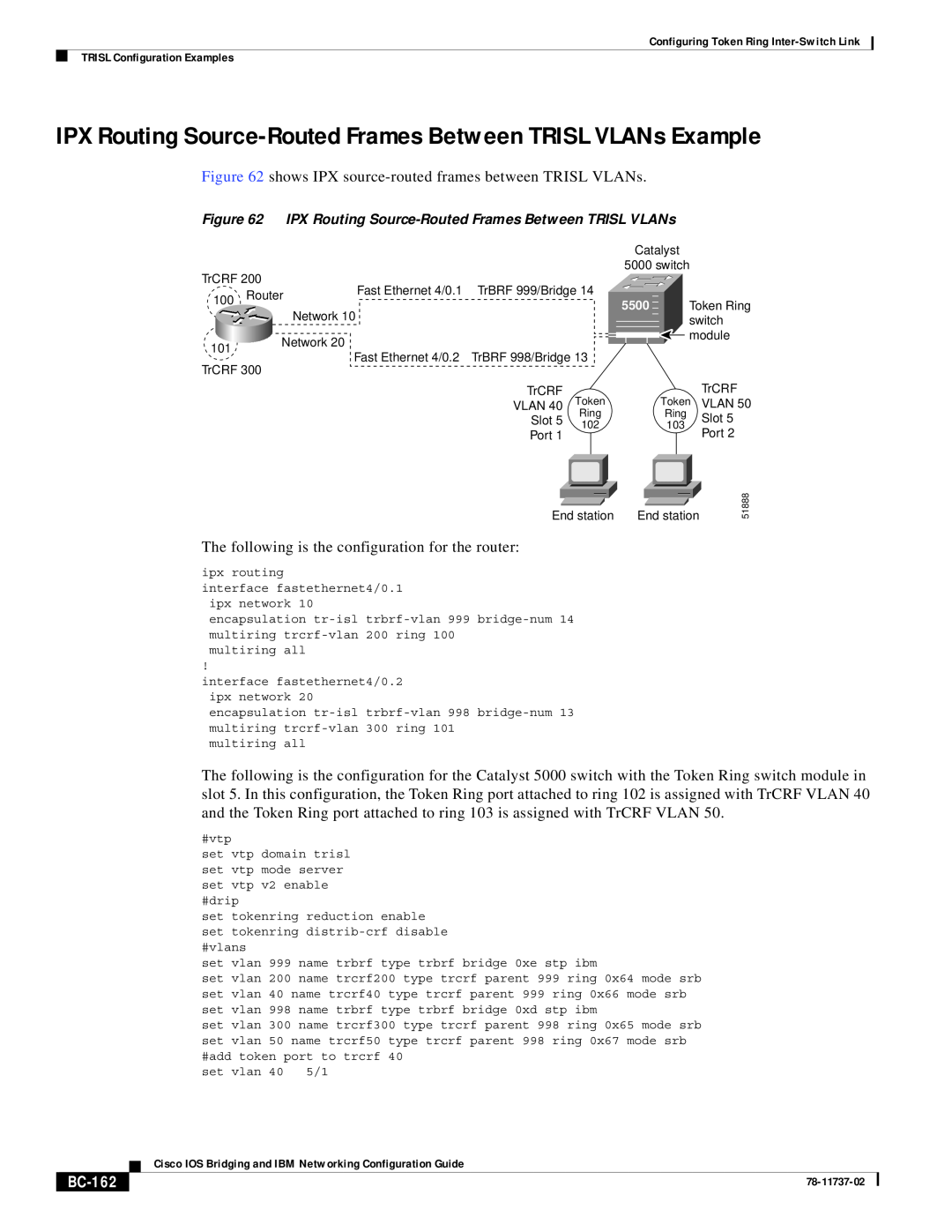 Cisco Systems BC-145 manual IPX Routing Source-Routed Frames Between TRISL VLANs Example, BC-162, 5500, 78-11737-02 