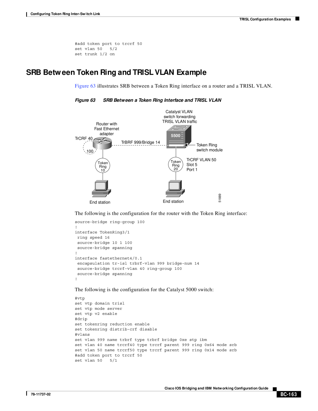 Cisco Systems BC-145 manual SRB Between Token Ring and TRISL VLAN Example, BC-163 