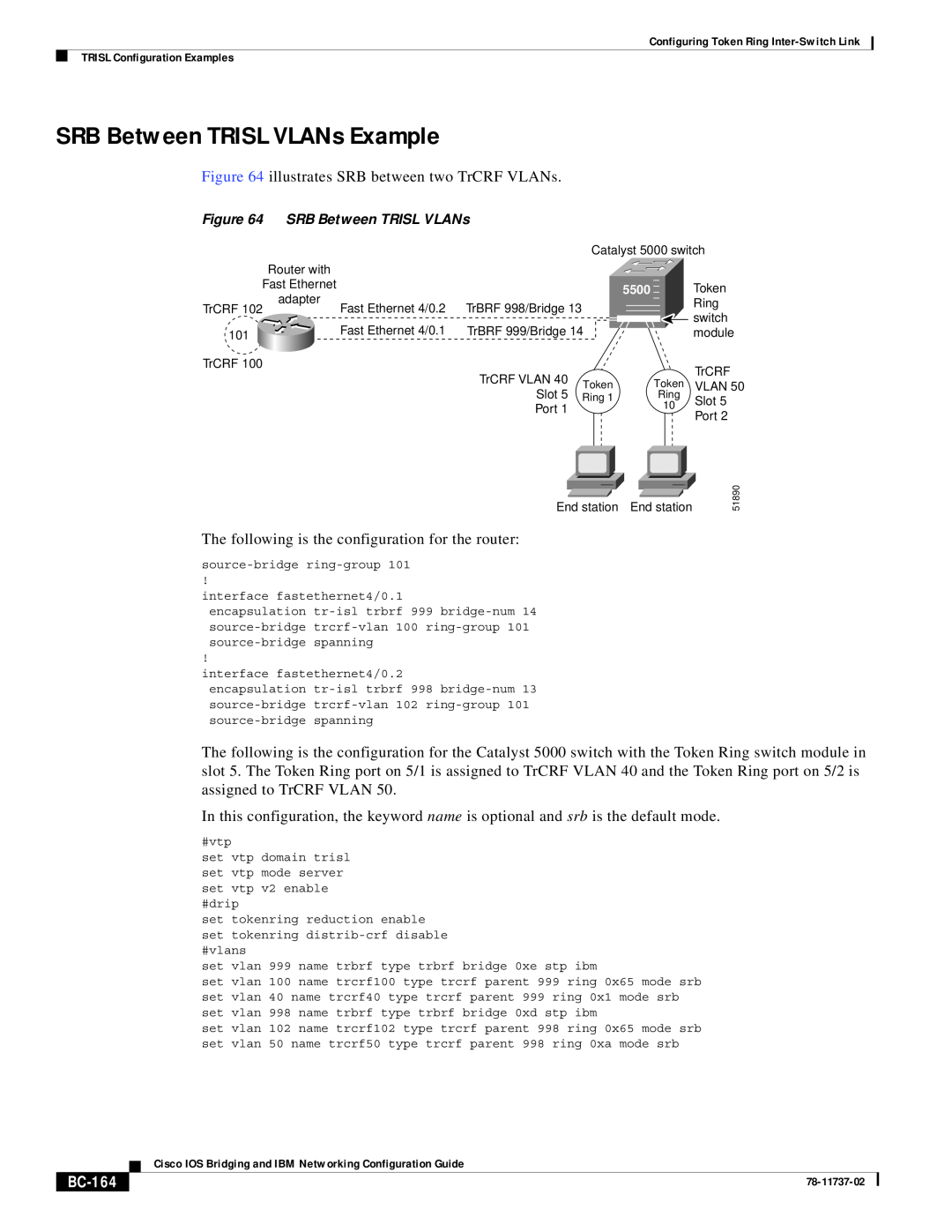 Cisco Systems BC-145 manual SRB Between TRISL VLANs Example, BC-164, 5500, 78-11737-02 