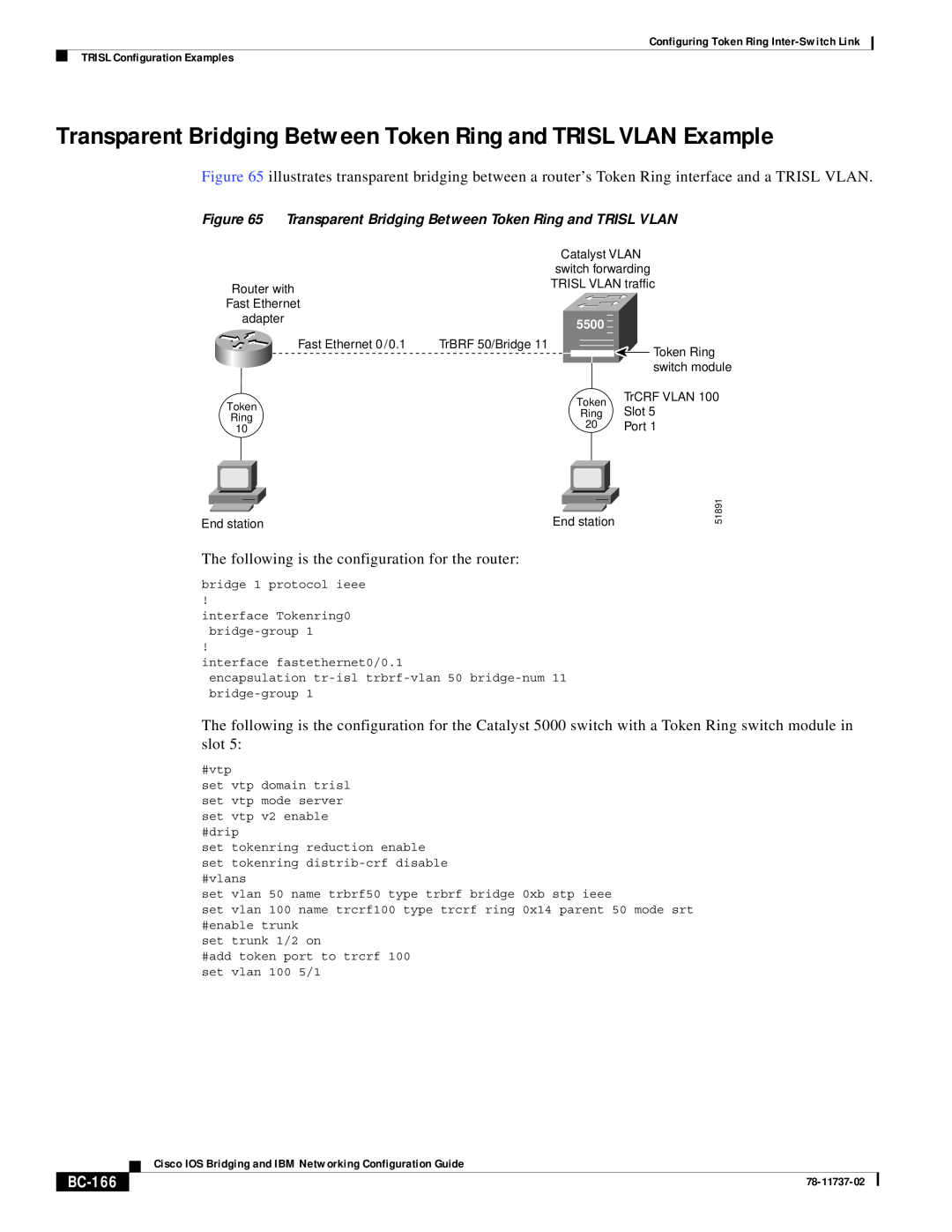 Cisco Systems BC-145 manual Transparent Bridging Between Token Ring and TRISL VLAN Example, BC-166 
