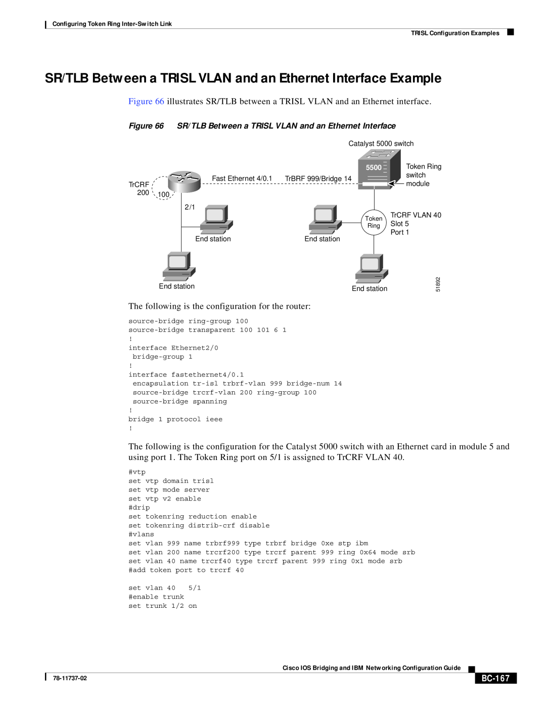 Cisco Systems BC-145 manual SR/TLB Between a TRISL VLAN and an Ethernet Interface Example, BC-167 