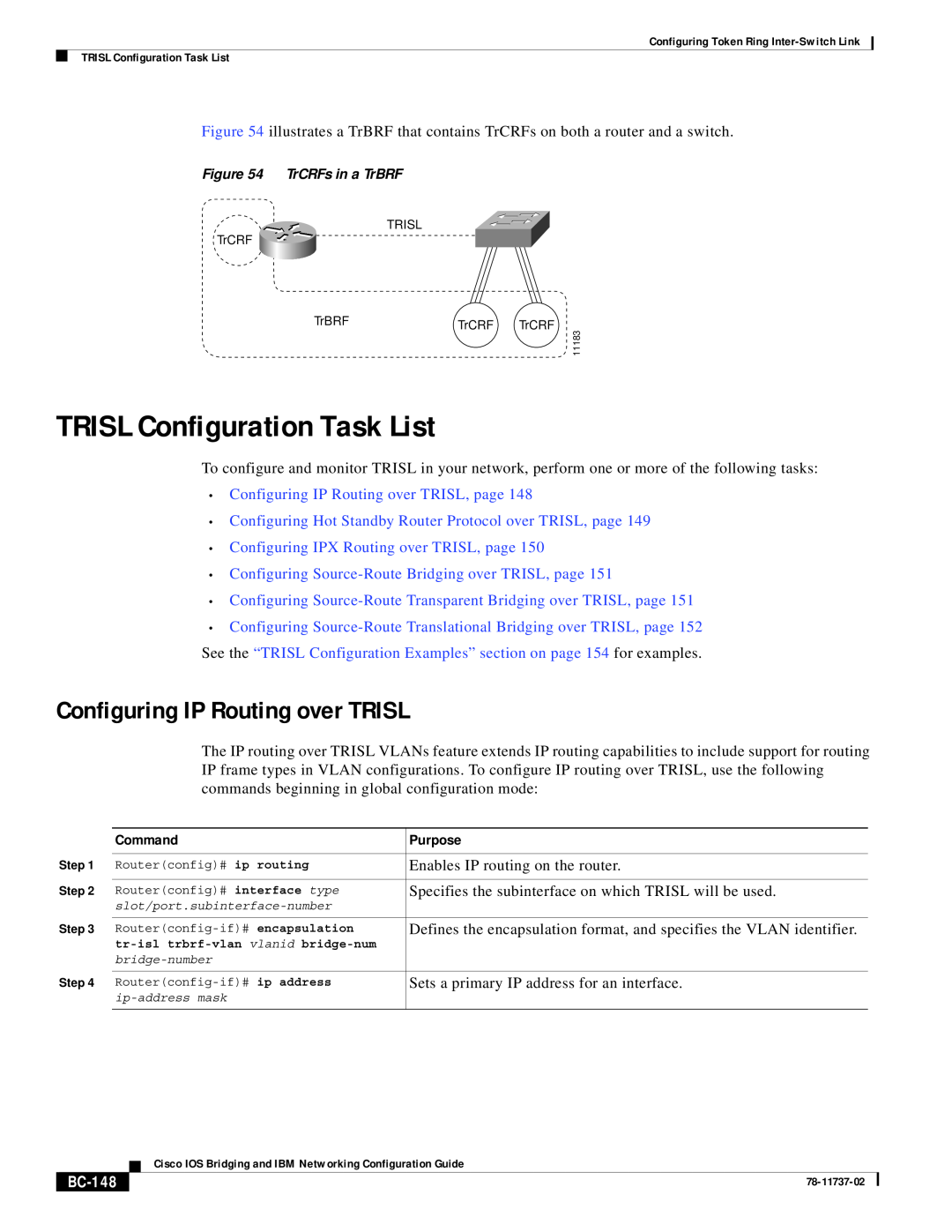 Cisco Systems BC-145 manual TRISL Configuration Task List, Configuring IP Routing over TRISL, Command, Purpose, BC-148 