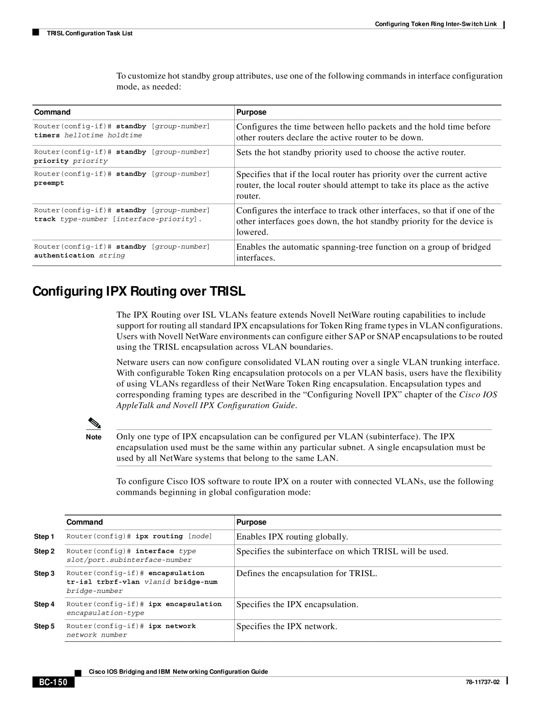 Cisco Systems BC-145 manual Configuring IPX Routing over TRISL, BC-150, Command, Purpose 