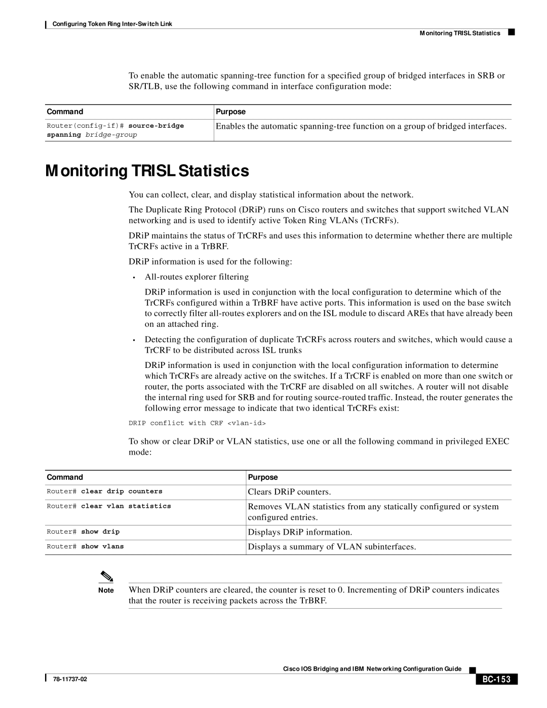 Cisco Systems BC-145 manual Monitoring TRISL Statistics, BC-153, Command, Purpose 