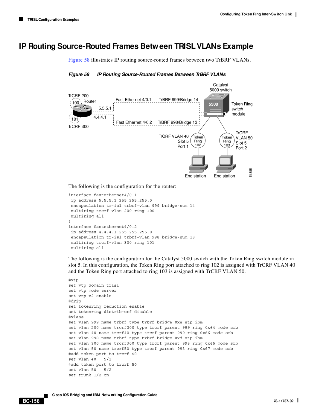 Cisco Systems BC-145 manual IP Routing Source-Routed Frames Between Trisl VLANs Example, BC-158 