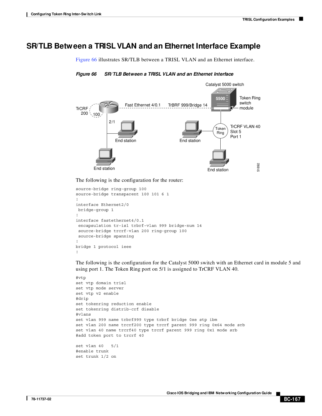 Cisco Systems BC-145 manual BC-167, SR/TLB Between a Trisl Vlan and an Ethernet Interface 