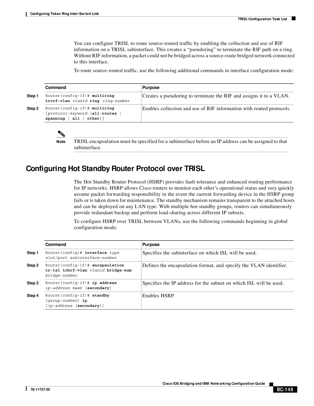 Cisco Systems BC-145 manual Configuring Hot Standby Router Protocol over Trisl, BC-149 