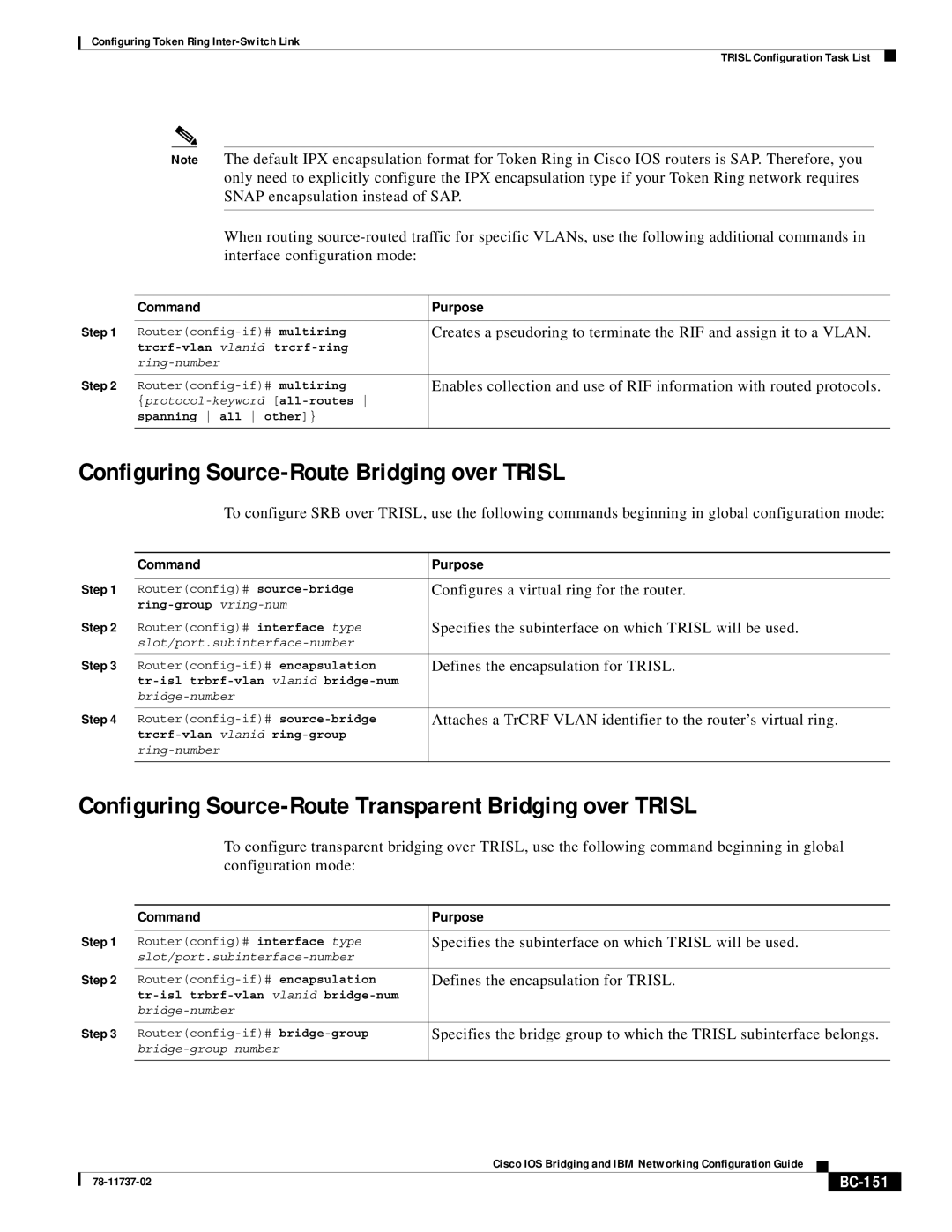 Cisco Systems BC-145 manual Configuring Source-Route Bridging over Trisl, BC-151 