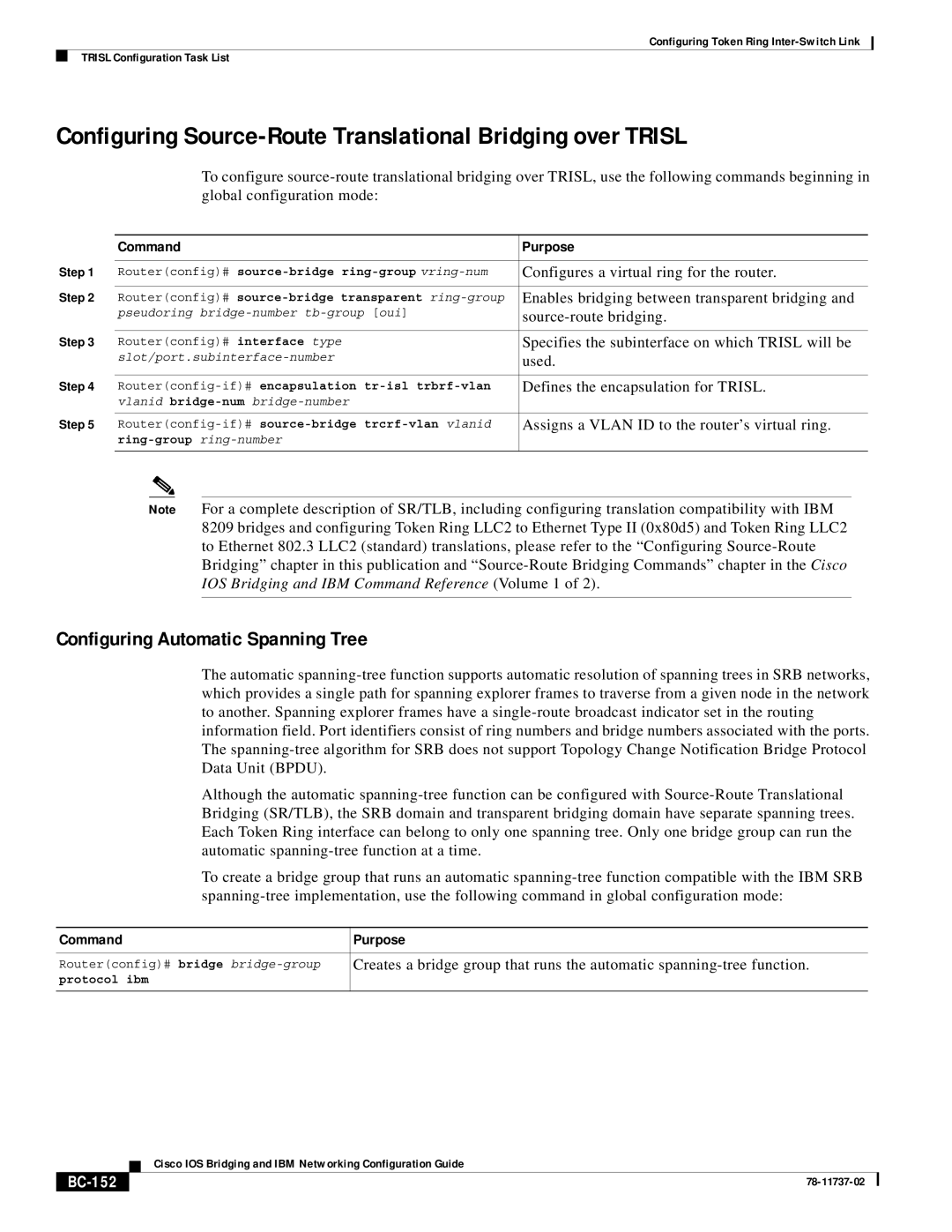 Cisco Systems BC-145 manual Configuring Source-Route Translational Bridging over Trisl, BC-152 