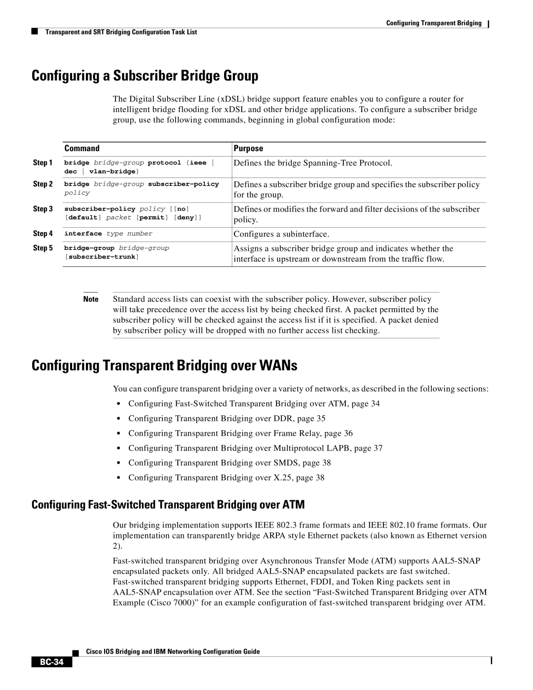 Cisco Systems BC-23 manual Configuring a Subscriber Bridge Group, Configuring Transparent Bridging over WANs, BC-34 