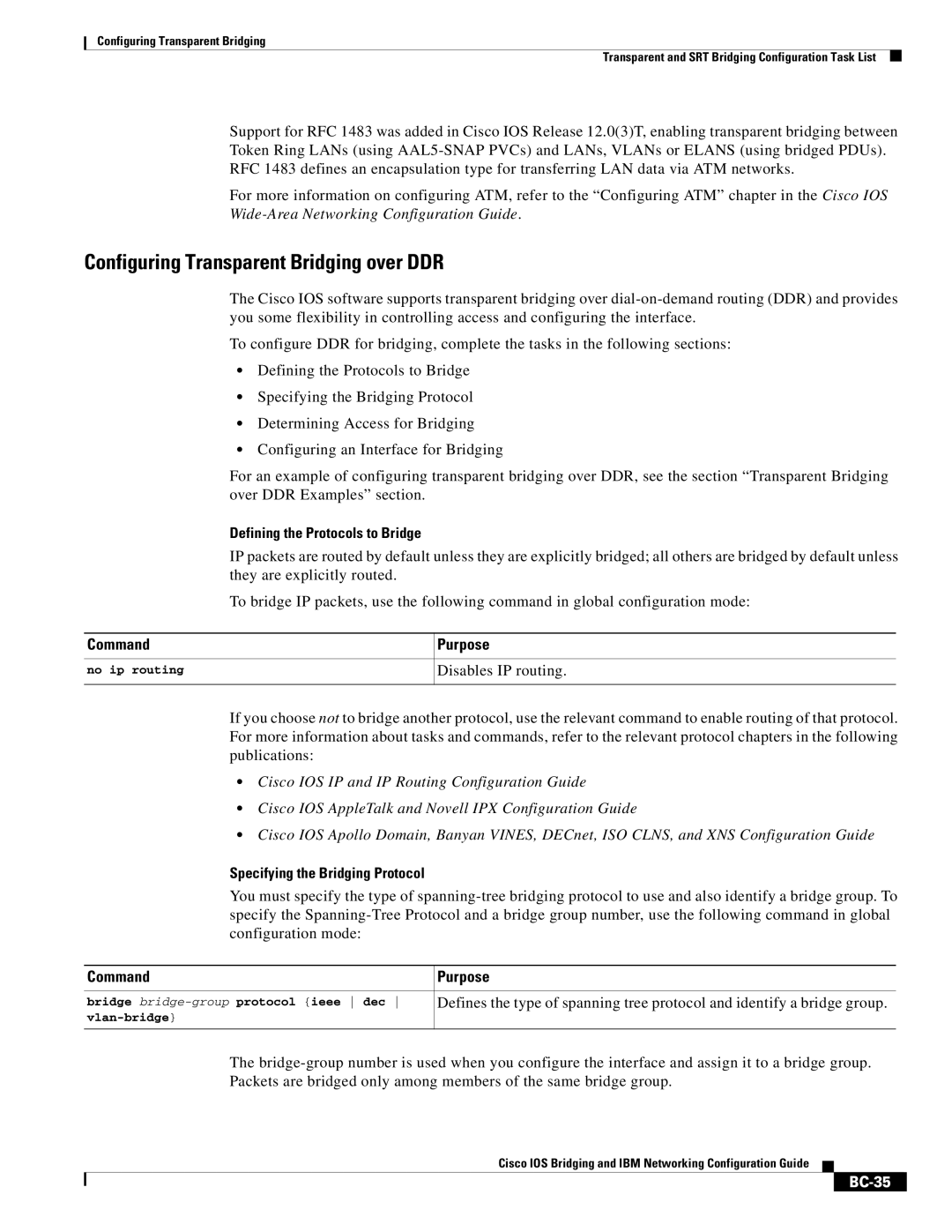 Cisco Systems BC-23 manual Configuring Transparent Bridging over DDR, Defining the Protocols to Bridge, Command, BC-35 