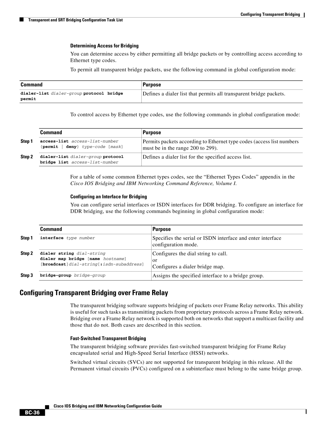 Cisco Systems BC-23 manual Configuring Transparent Bridging over Frame Relay, Determining Access for Bridging, BC-36 