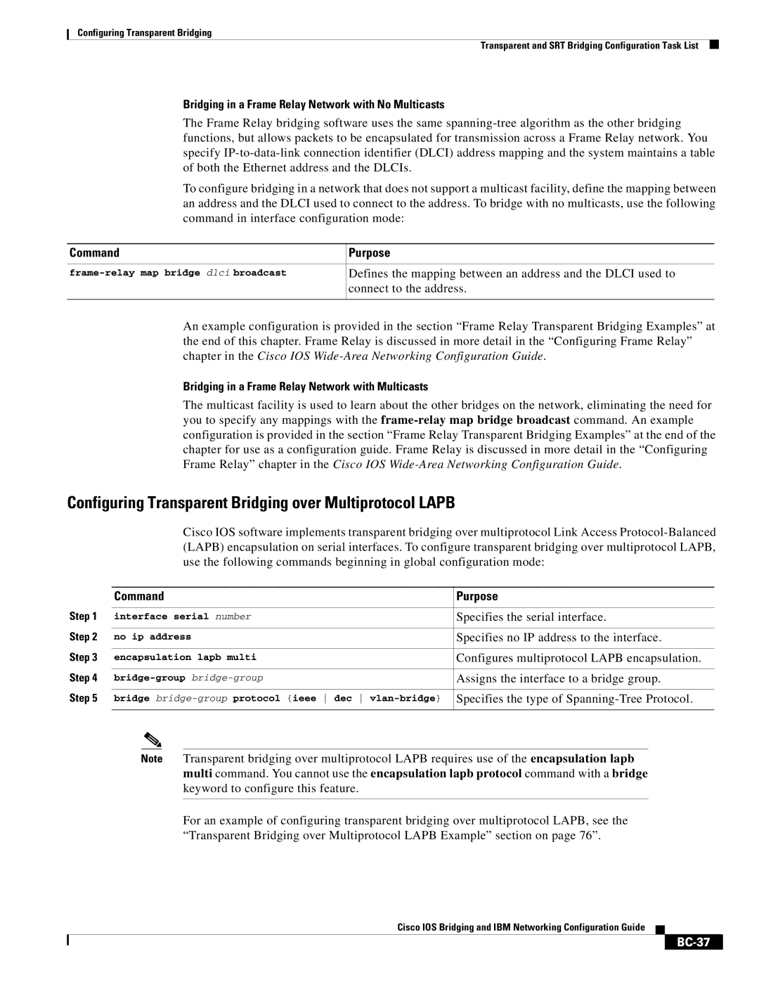 Cisco Systems BC-23 manual Configuring Transparent Bridging over Multiprotocol Lapb, BC-37 