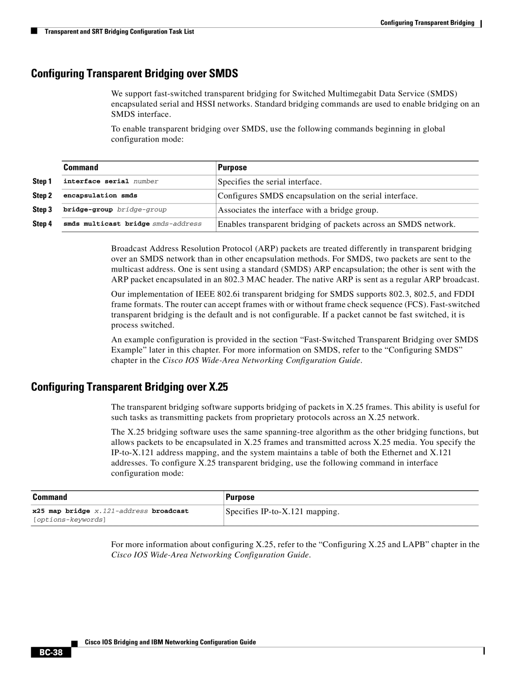 Cisco Systems BC-23 manual Configuring Transparent Bridging over Smds, Specifies IP-to-X.121 mapping, BC-38 