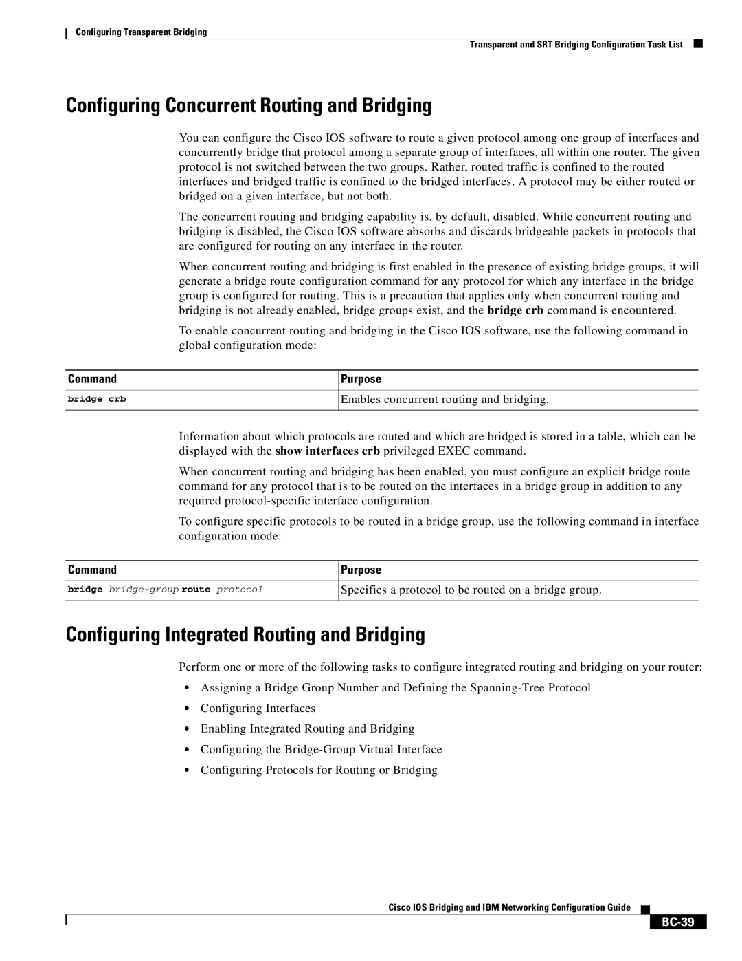 Cisco Systems BC-23 manual Configuring Concurrent Routing and Bridging, Configuring Integrated Routing and Bridging, BC-39 