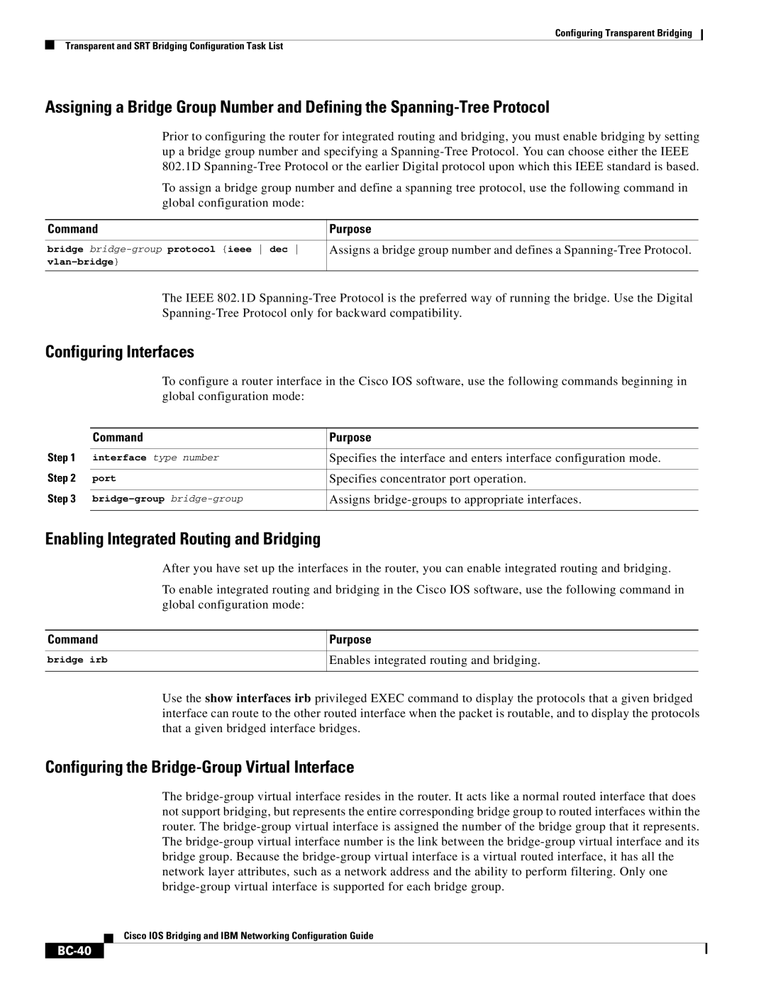 Cisco Systems BC-23 manual Configuring Interfaces, Enabling Integrated Routing and Bridging, BC-40 