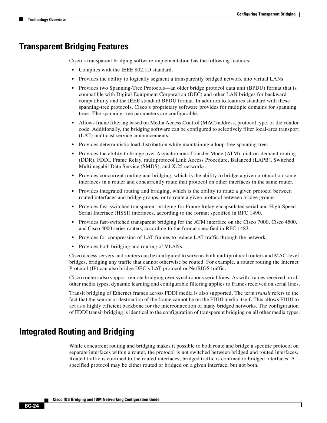 Cisco Systems BC-23 manual Transparent Bridging Features, Integrated Routing and Bridging, BC-24 