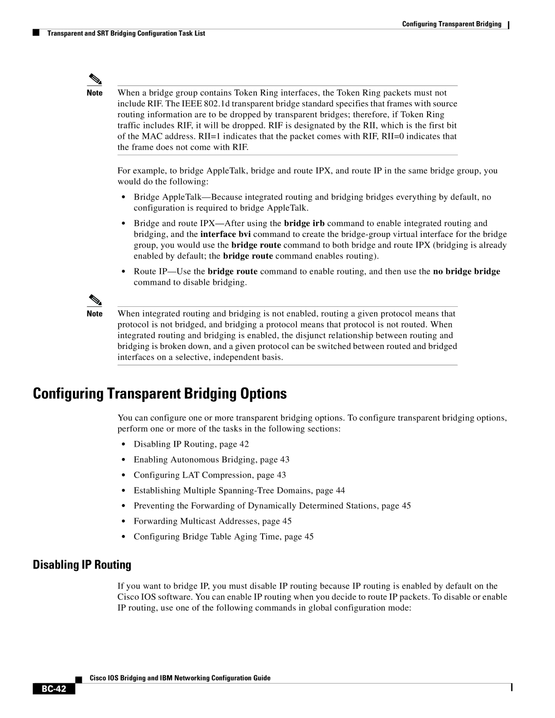 Cisco Systems BC-23 manual Configuring Transparent Bridging Options, Disabling IP Routing, BC-42 