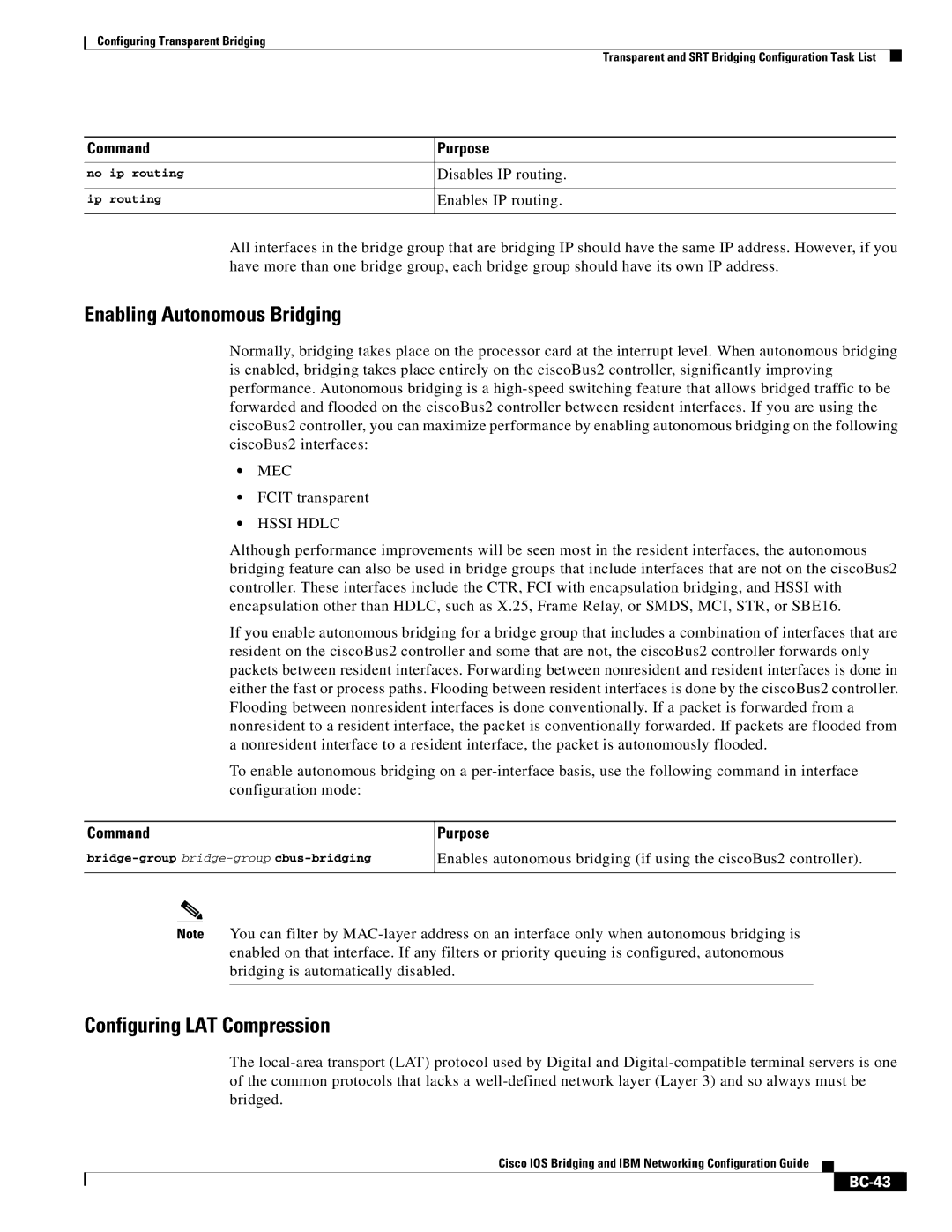 Cisco Systems BC-23 manual Enabling Autonomous Bridging, Configuring LAT Compression, BC-43 