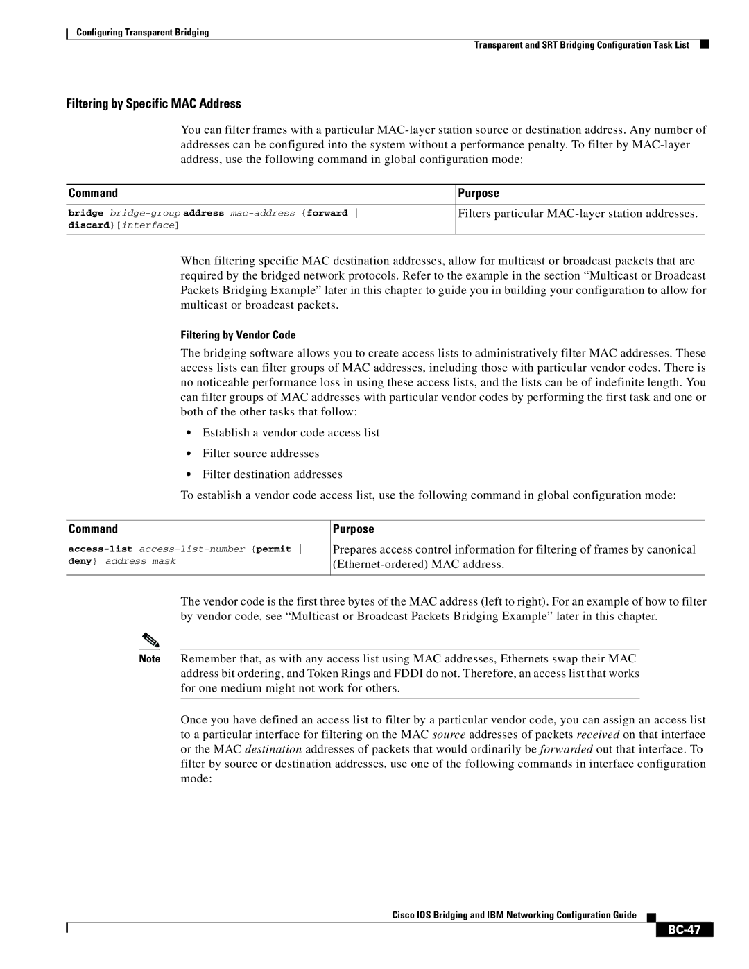 Cisco Systems BC-23 Filters particular MAC-layer station addresses, Filtering by Vendor Code, Ethernet-ordered MAC address 