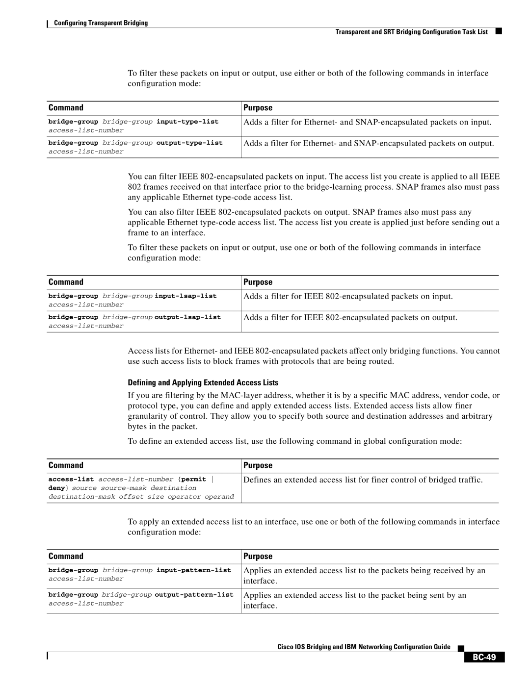 Cisco Systems BC-23 manual Defining and Applying Extended Access Lists, Configuration mode, Interface, BC-49 