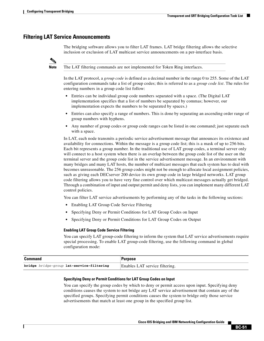 Cisco Systems BC-23 manual Filtering LAT Service Announcements, Enabling LAT Group Code Service Filtering, BC-51 