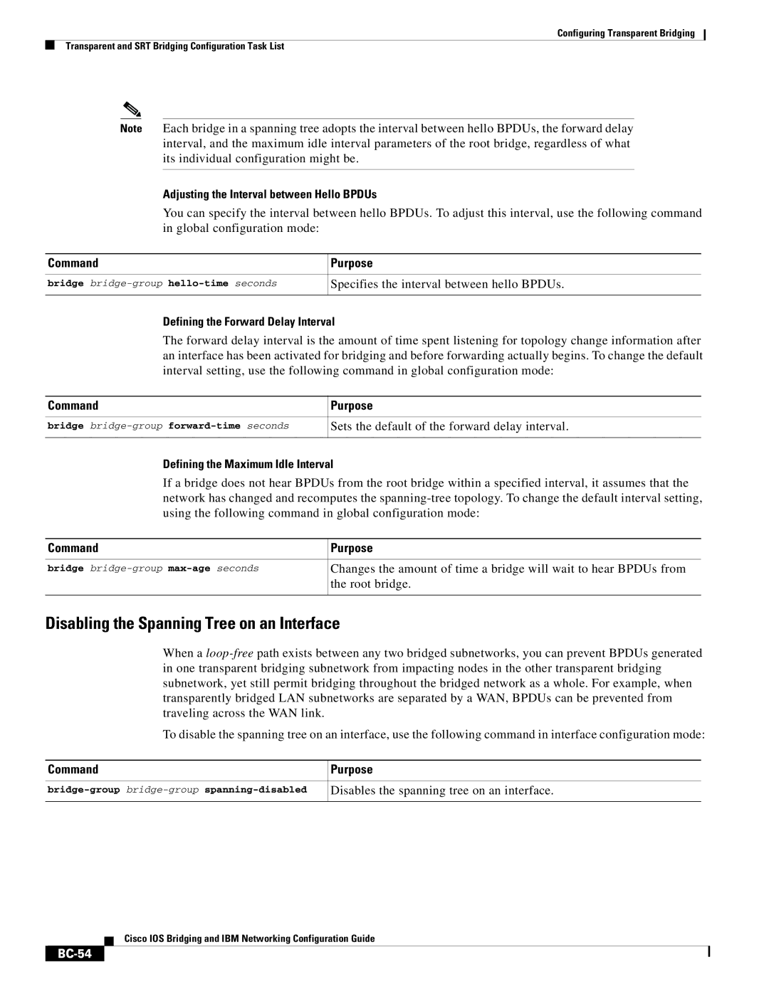 Cisco Systems BC-23 manual Disabling the Spanning Tree on an Interface, Adjusting the Interval between Hello BPDUs, BC-54 