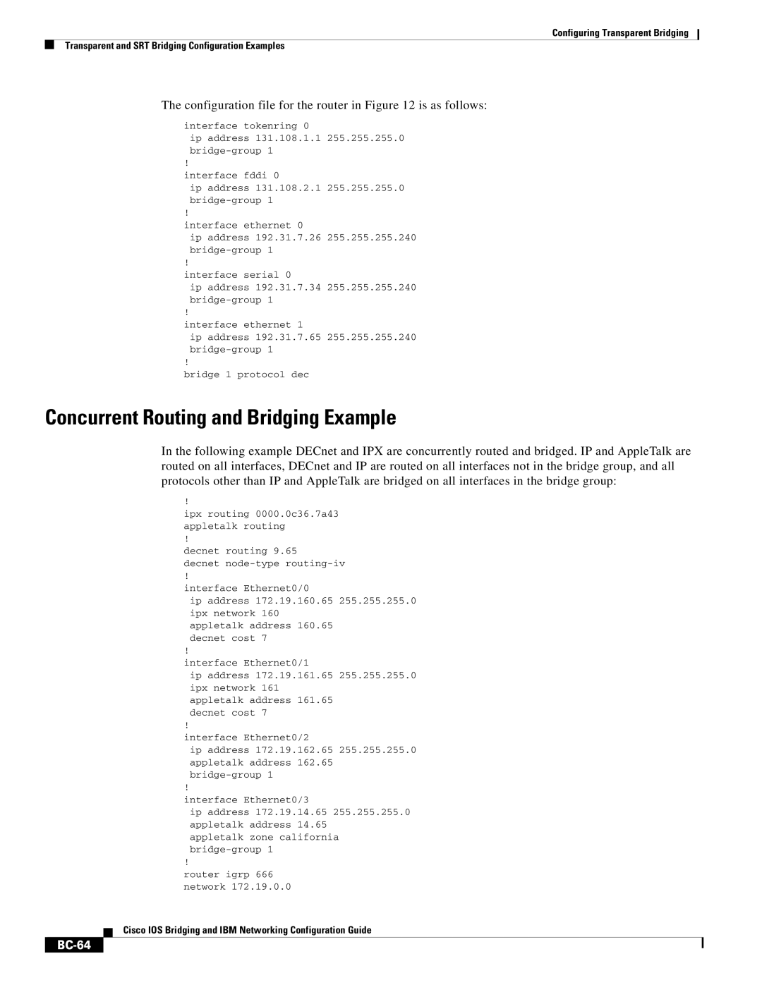 Cisco Systems BC-23 manual Concurrent Routing and Bridging Example, BC-64 