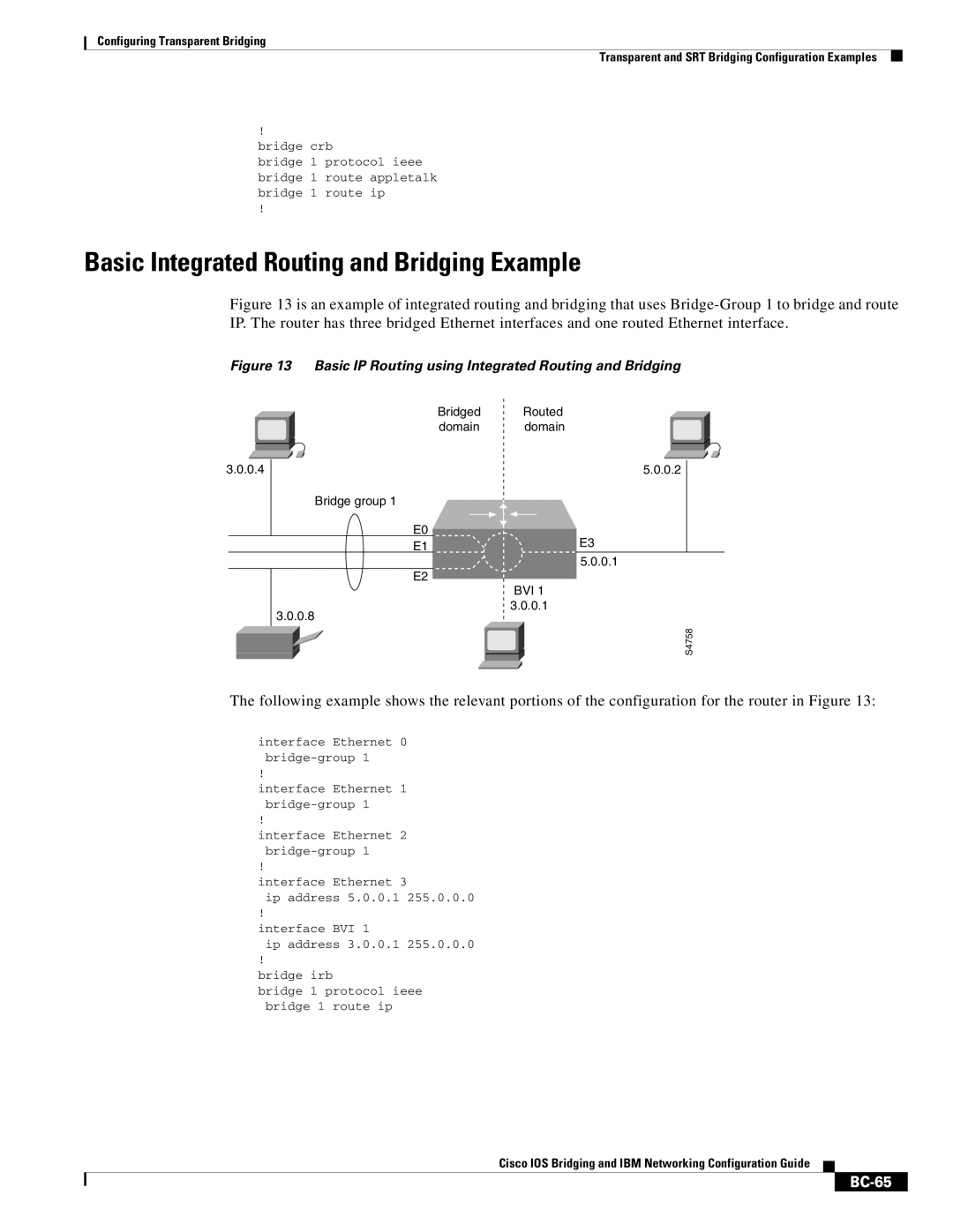 Cisco Systems BC-23 manual Basic Integrated Routing and Bridging Example, BC-65 