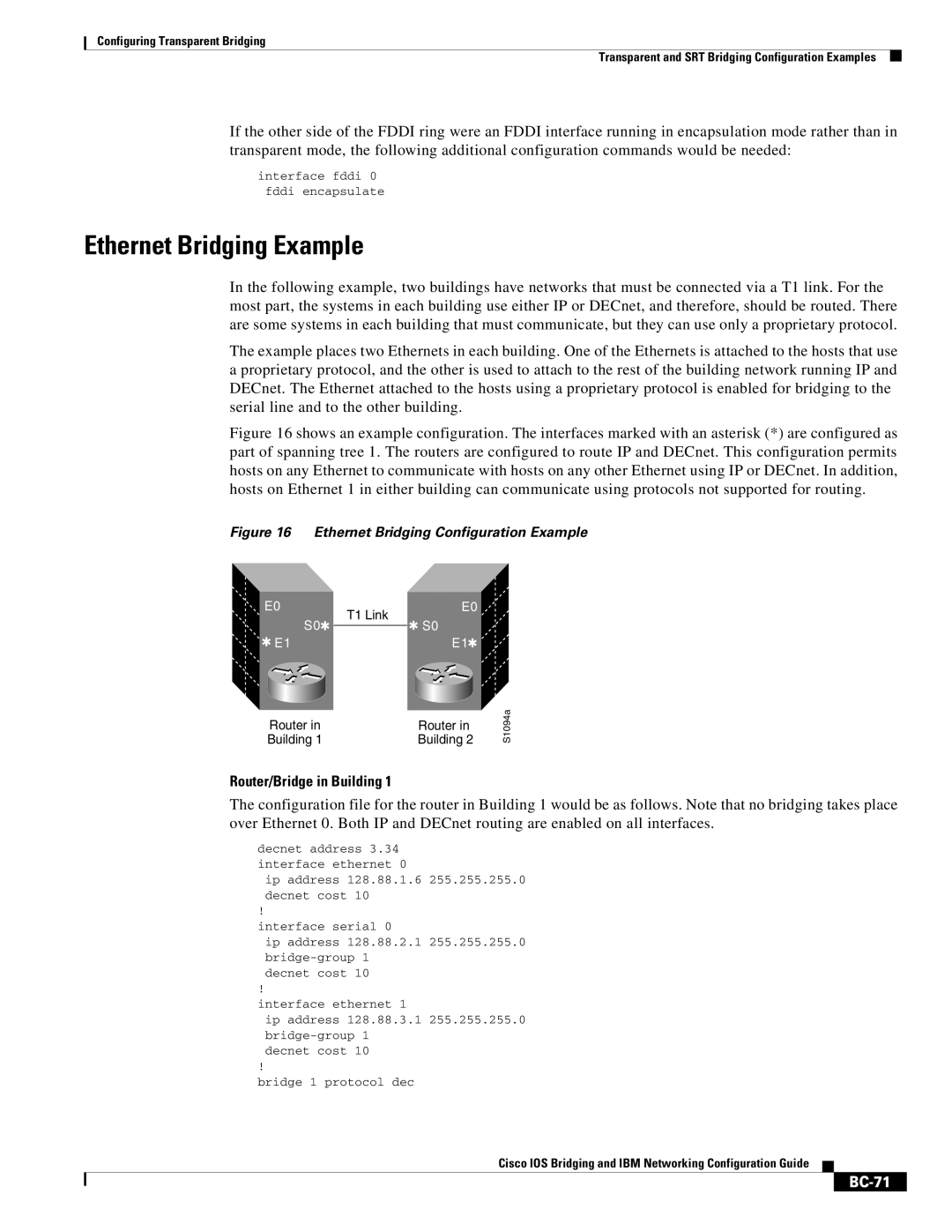 Cisco Systems BC-23 manual Ethernet Bridging Example, Router/Bridge in Building, BC-71 