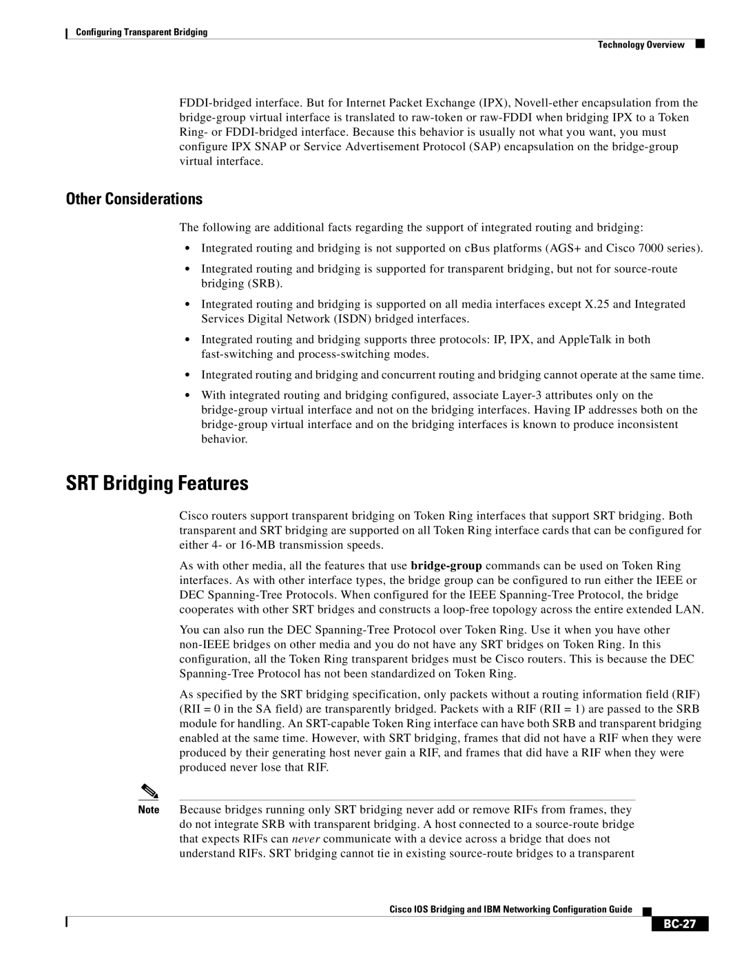 Cisco Systems BC-23 manual SRT Bridging Features, Other Considerations, BC-27 