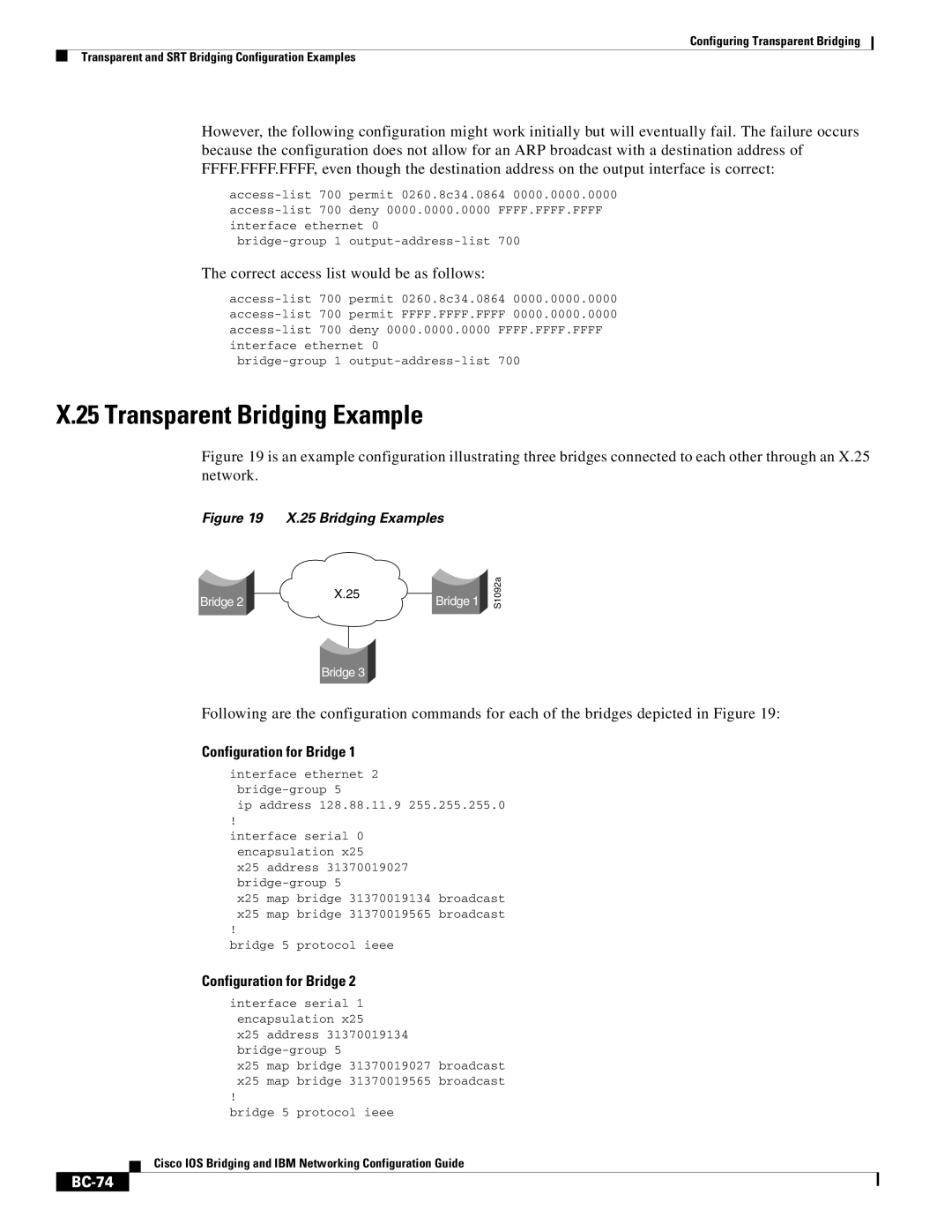 Cisco Systems BC-23 manual Transparent Bridging Example, Configuration for Bridge, BC-74 