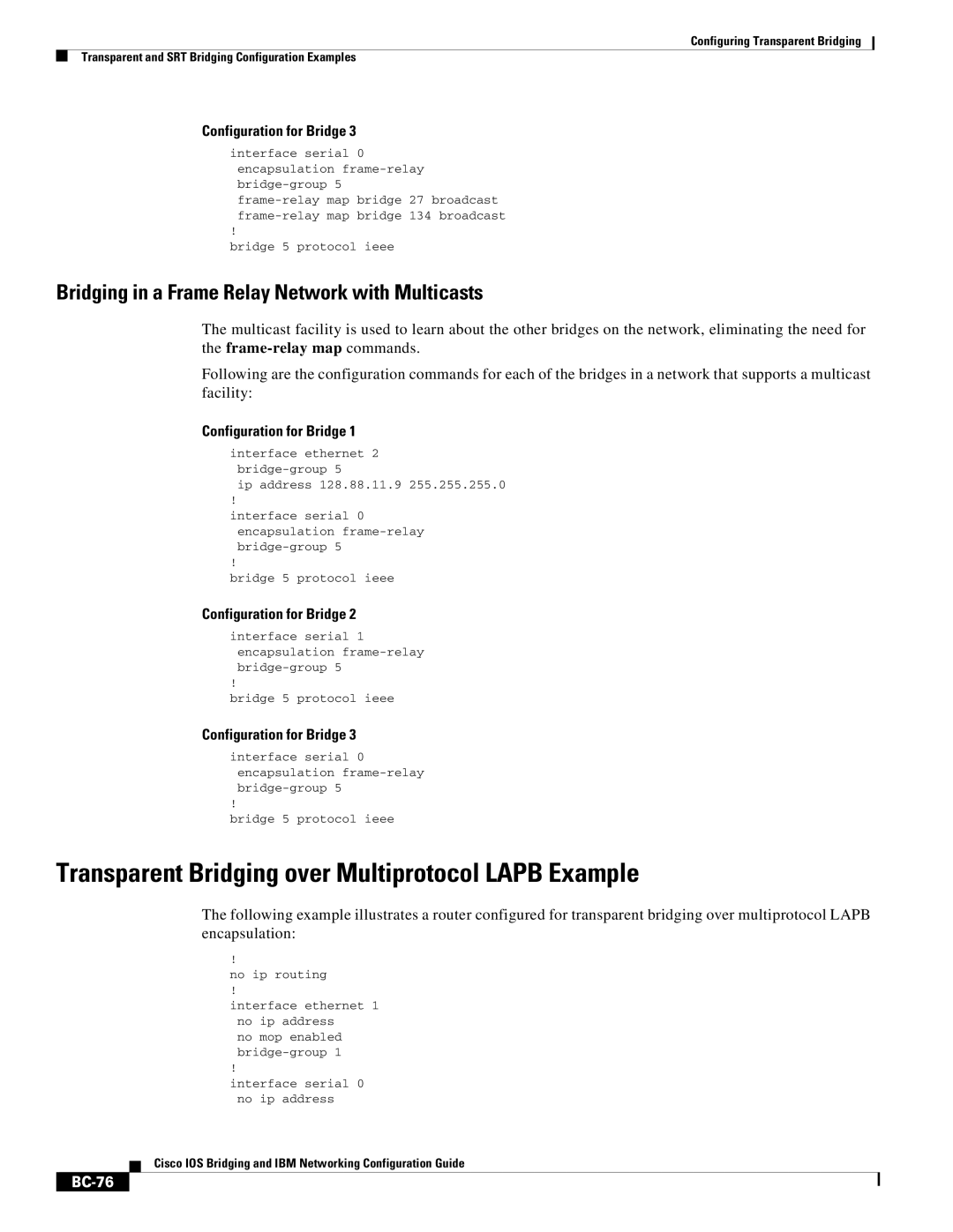 Cisco Systems BC-23 manual Transparent Bridging over Multiprotocol Lapb Example, BC-76 