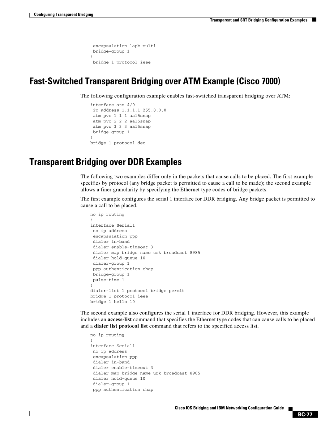 Cisco Systems BC-23 manual Transparent Bridging over DDR Examples, BC-77 