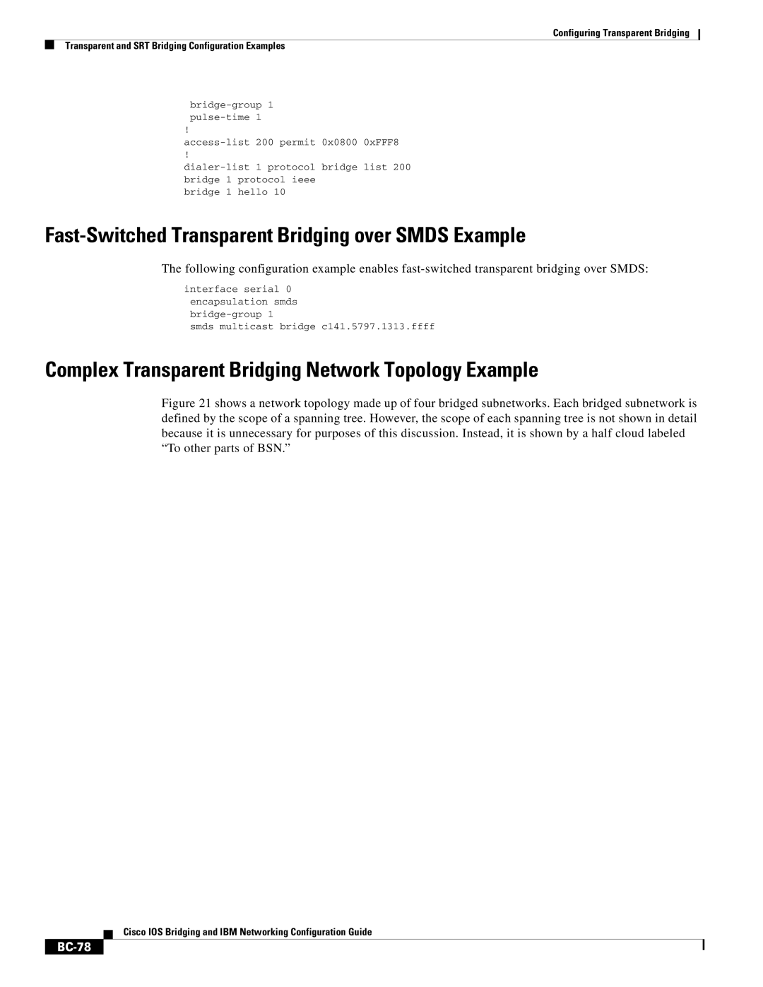 Cisco Systems BC-23 manual Fast-Switched Transparent Bridging over Smds Example, BC-78 