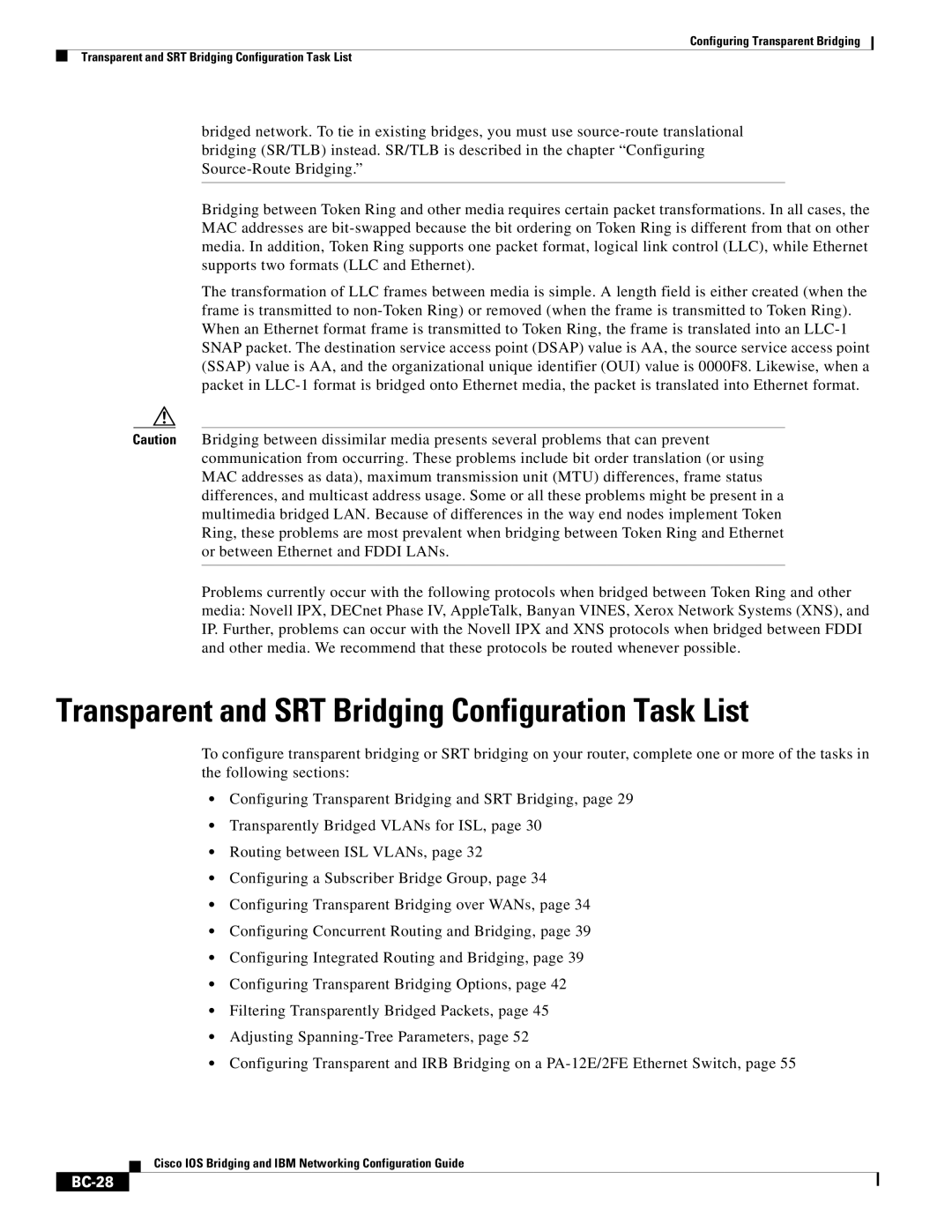 Cisco Systems BC-23 manual Transparent and SRT Bridging Configuration Task List, BC-28 