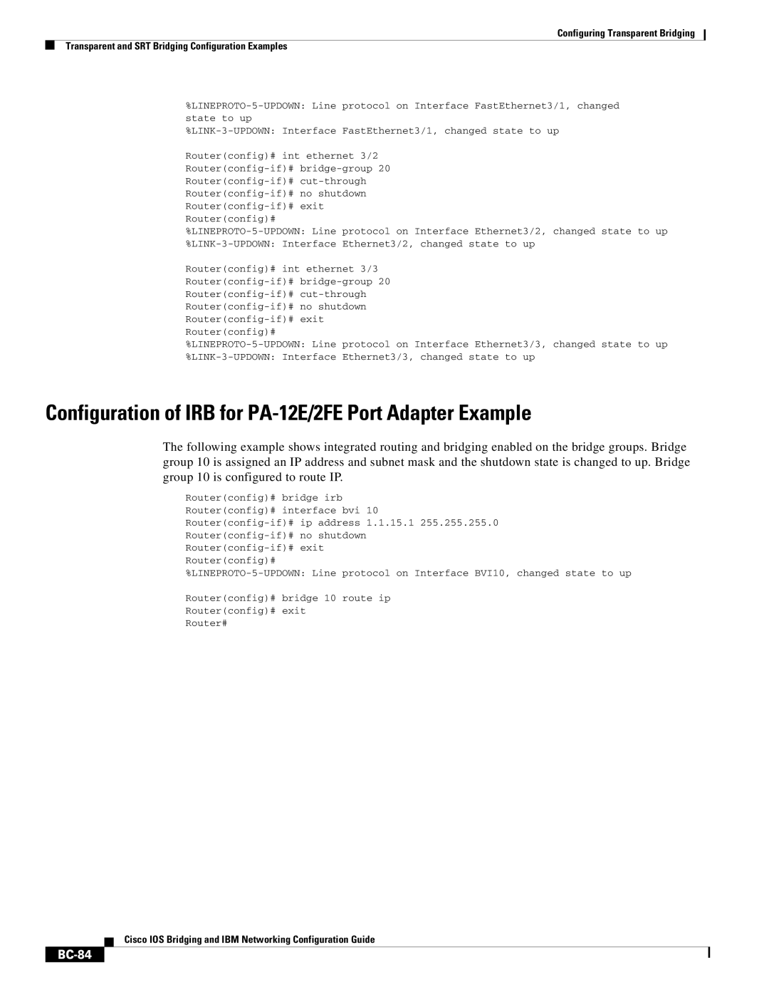 Cisco Systems BC-23 manual Configuration of IRB for PA-12E/2FE Port Adapter Example, BC-84 