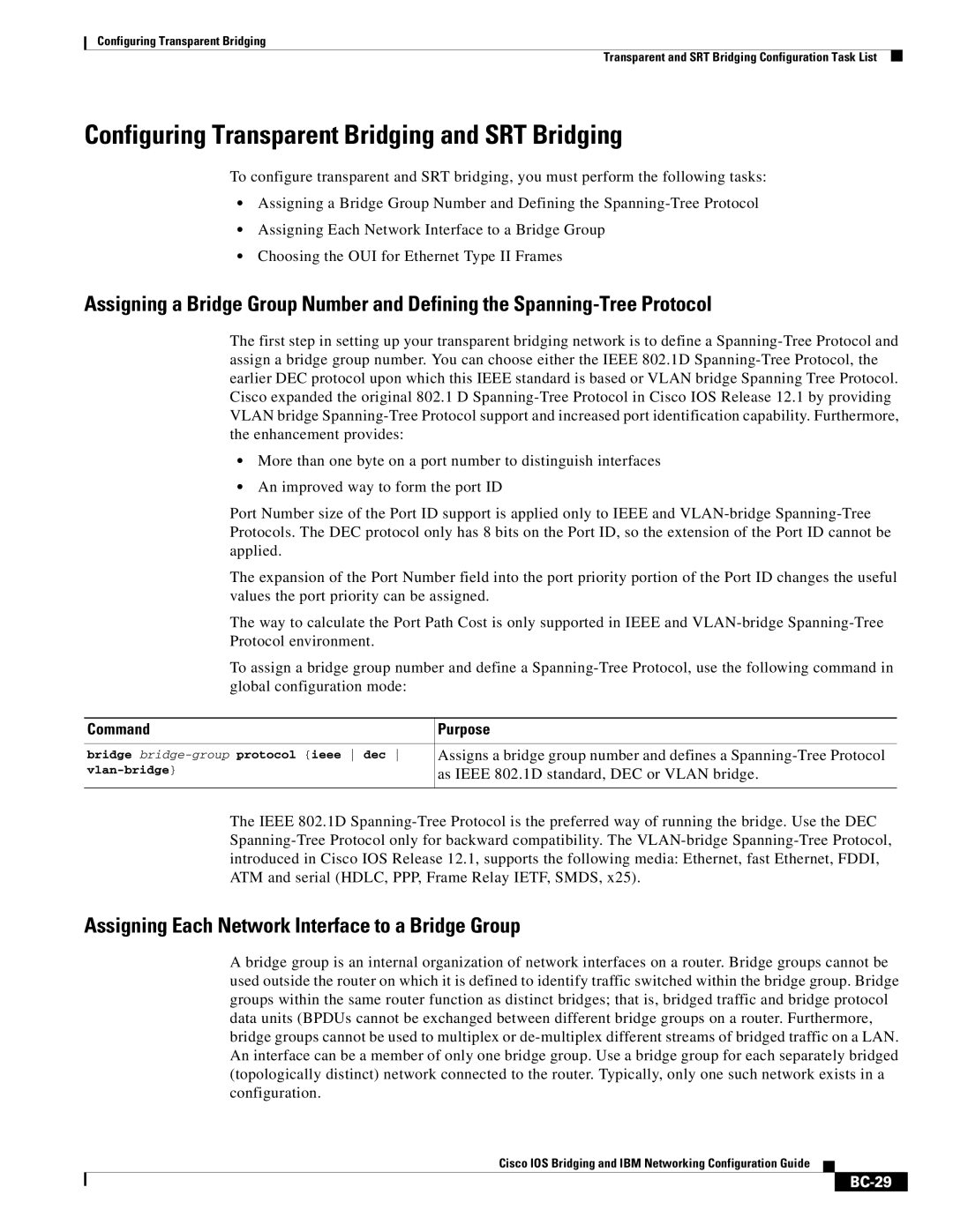 Cisco Systems BC-23 Configuring Transparent Bridging and SRT Bridging, Assigning Each Network Interface to a Bridge Group 