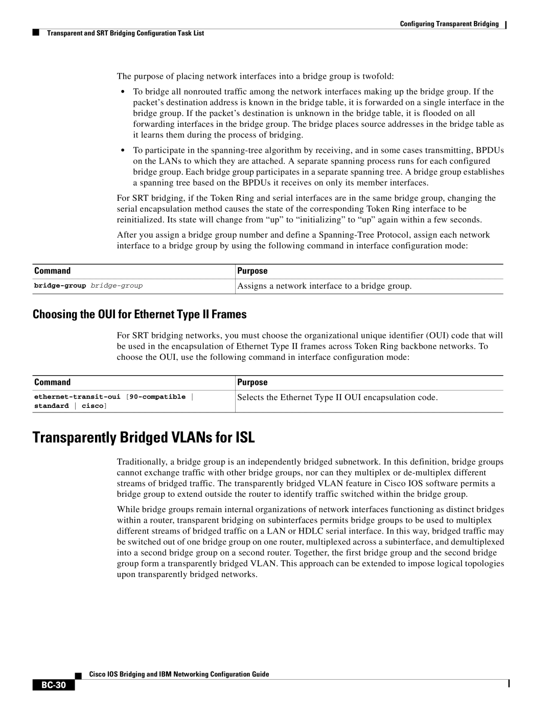 Cisco Systems BC-23 Transparently Bridged VLANs for ISL, Choosing the OUI for Ethernet Type II Frames, Command Purpose 