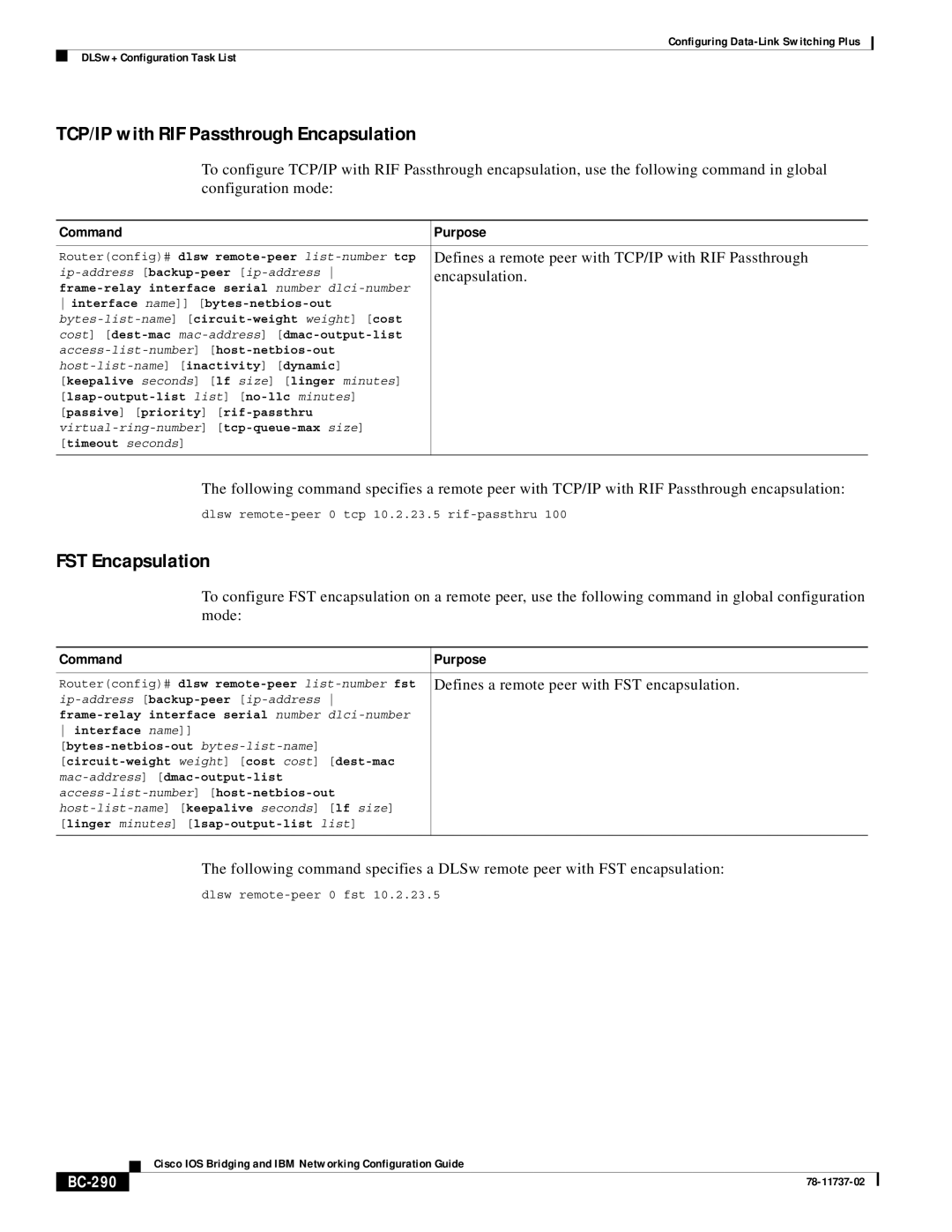 Cisco Systems BC-281 manual TCP/IP with RIF Passthrough Encapsulation, FST Encapsulation, BC-290 