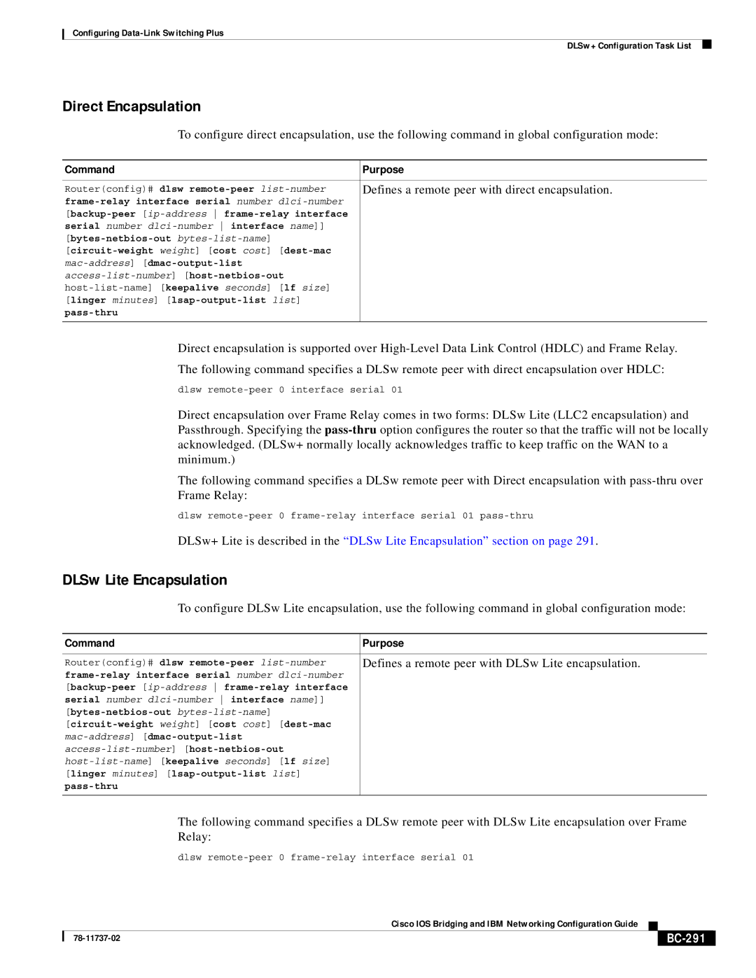 Cisco Systems BC-281 manual Direct Encapsulation, DLSw Lite Encapsulation, Defines a remote peer with direct encapsulation 