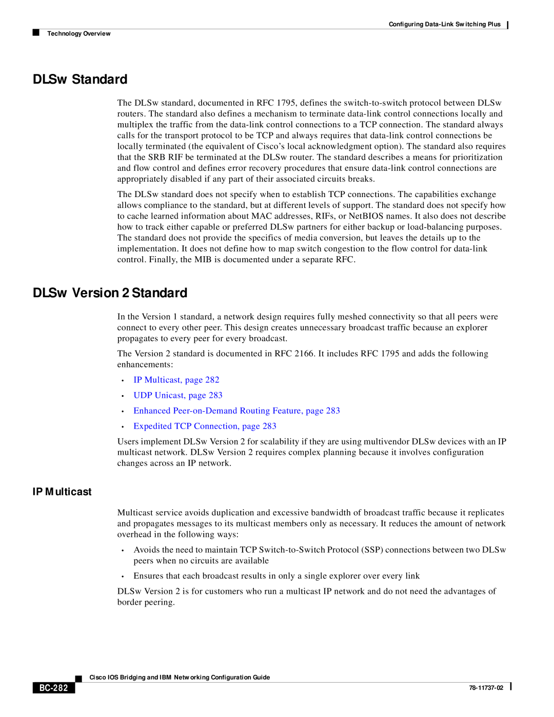 Cisco Systems BC-281 manual DLSw Standard, DLSw Version 2 Standard, IP Multicast, BC-282 