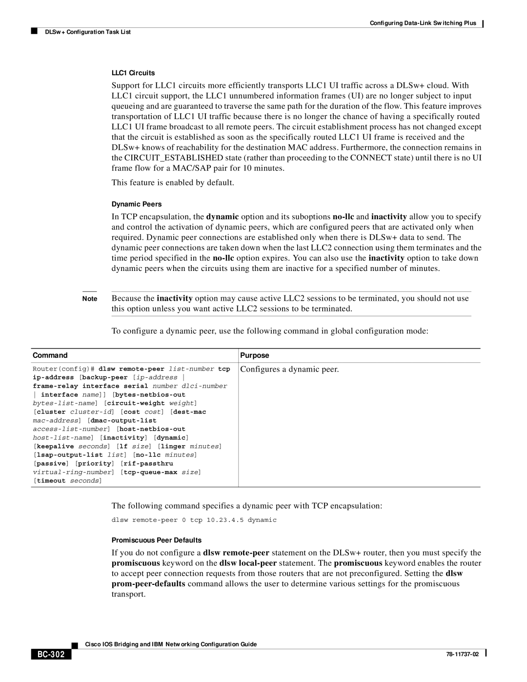 Cisco Systems BC-281 manual LLC1 Circuits, Dynamic Peers, Configures a dynamic peer, Promiscuous Peer Defaults, BC-302 