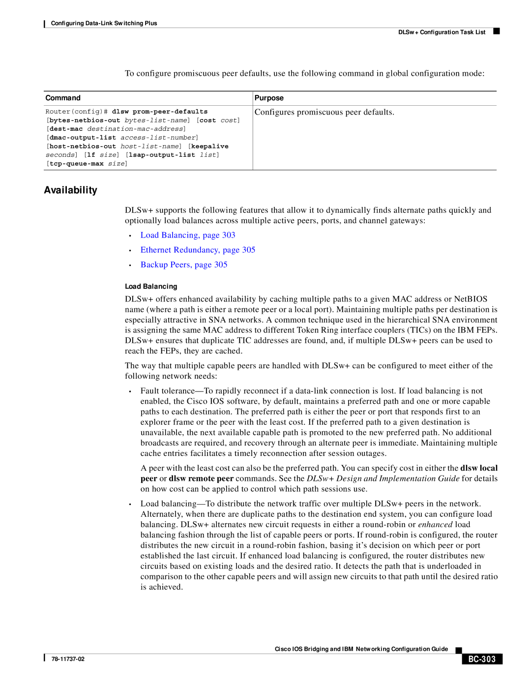 Cisco Systems BC-281 manual Availability, Configures promiscuous peer defaults, Load Balancing, BC-303 