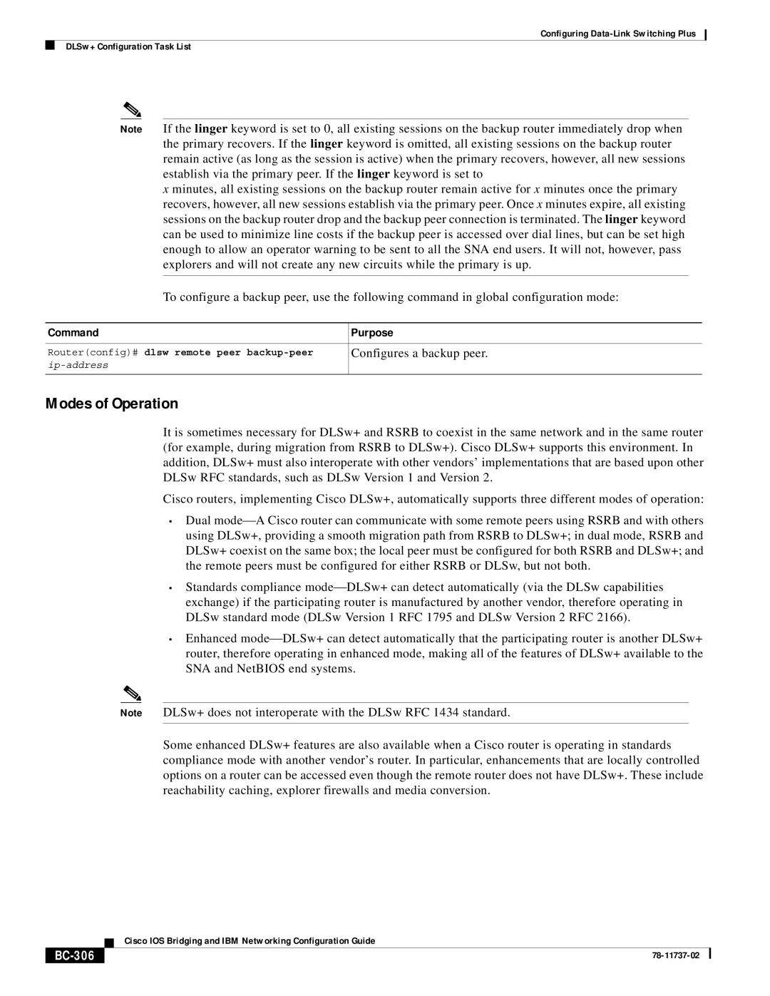 Cisco Systems BC-281 manual Modes of Operation, Configures a backup peer, BC-306 