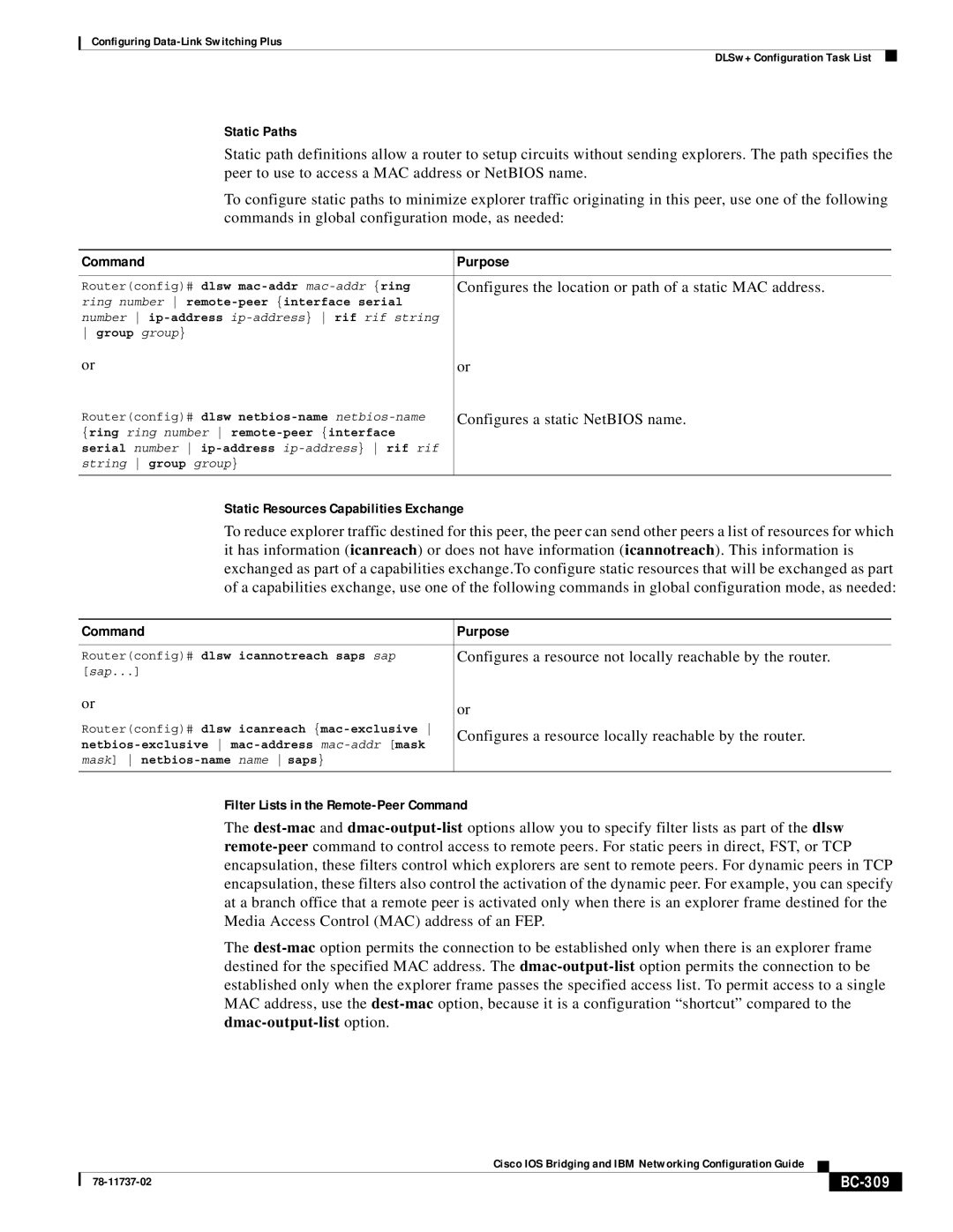 Cisco Systems BC-281 Static Paths, Static Resources Capabilities Exchange, Filter Lists in the Remote-Peer Command, BC-309 