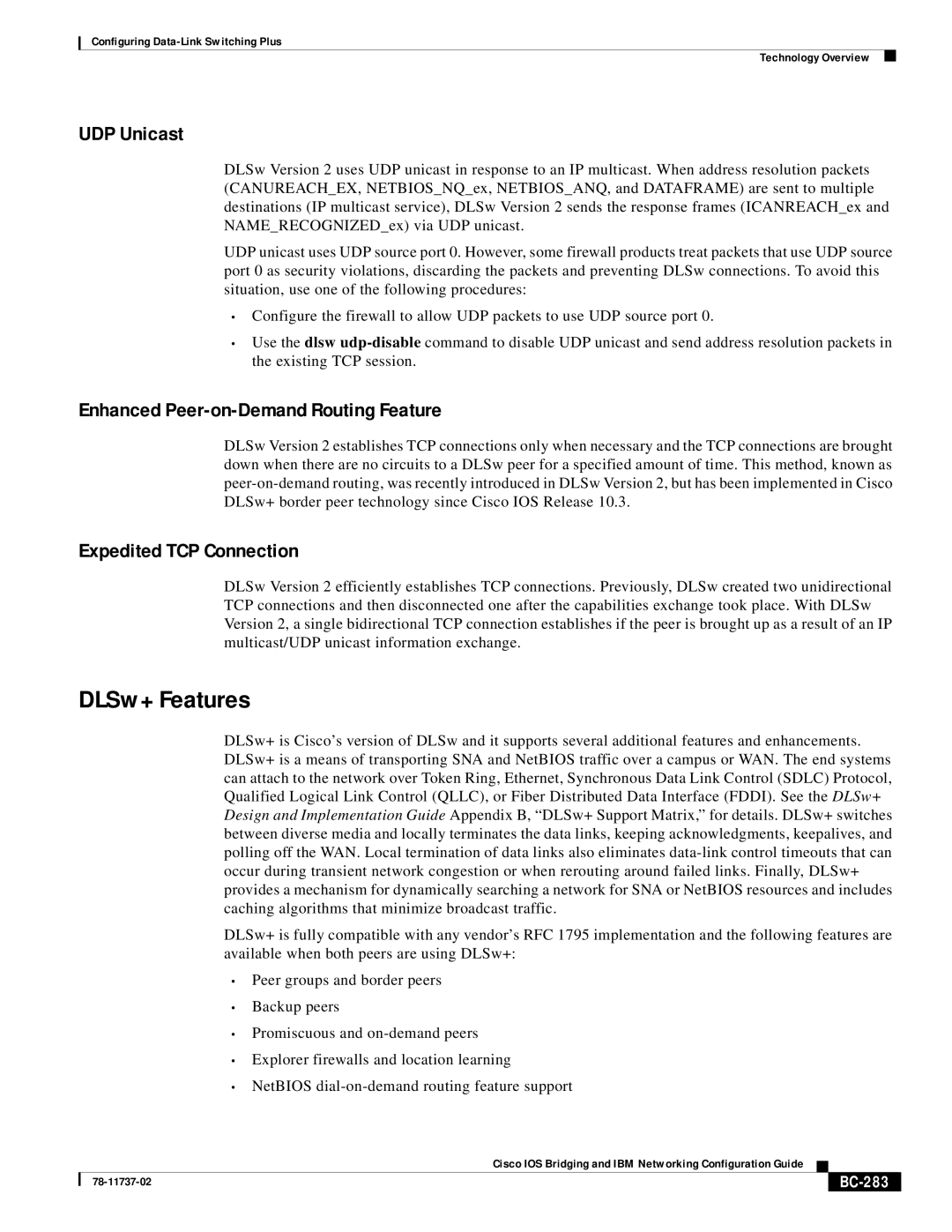 Cisco Systems BC-281 manual DLSw+ Features, UDP Unicast, Enhanced Peer-on-Demand Routing Feature, Expedited TCP Connection 