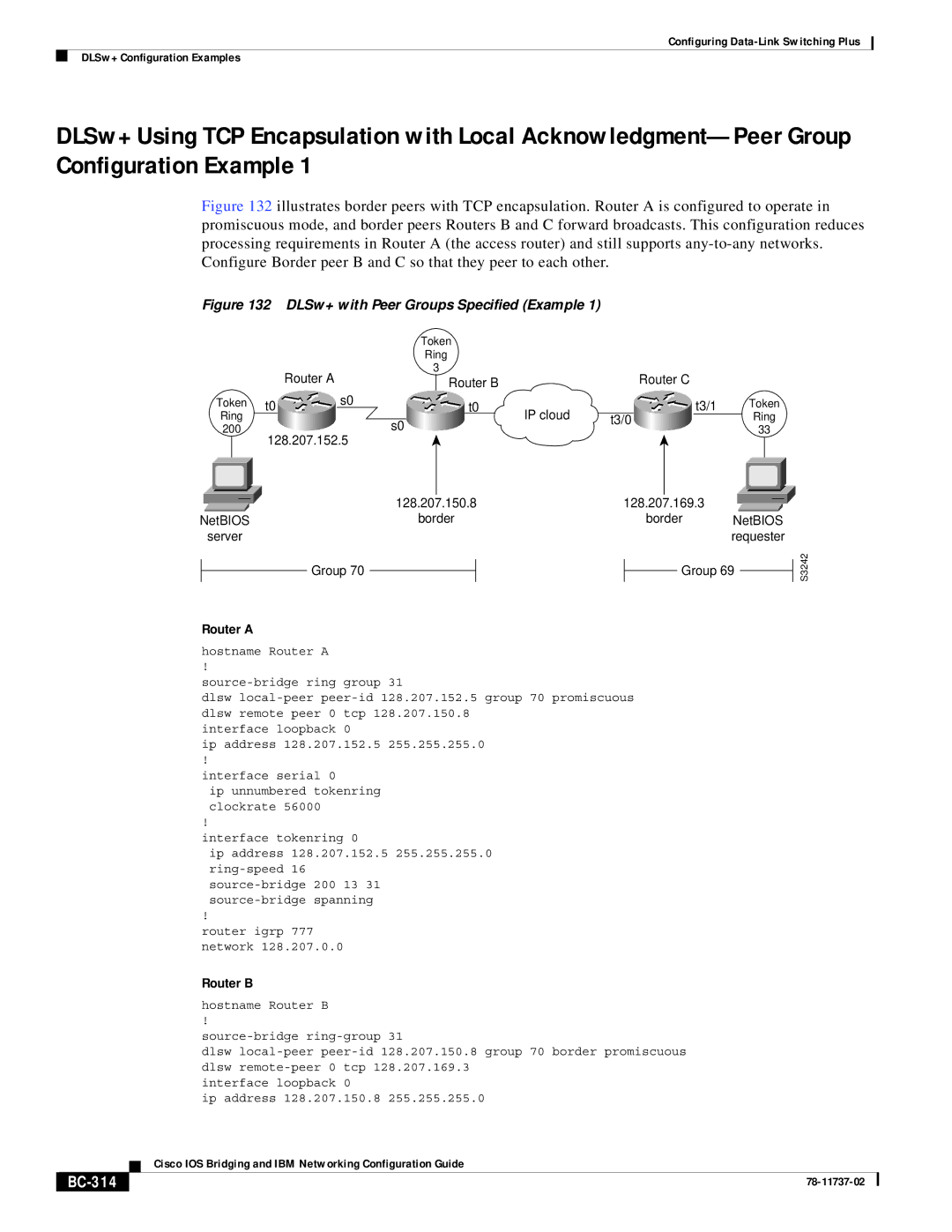 Cisco Systems BC-281 manual BC-314, DLSw+ with Peer Groups Specified Example 